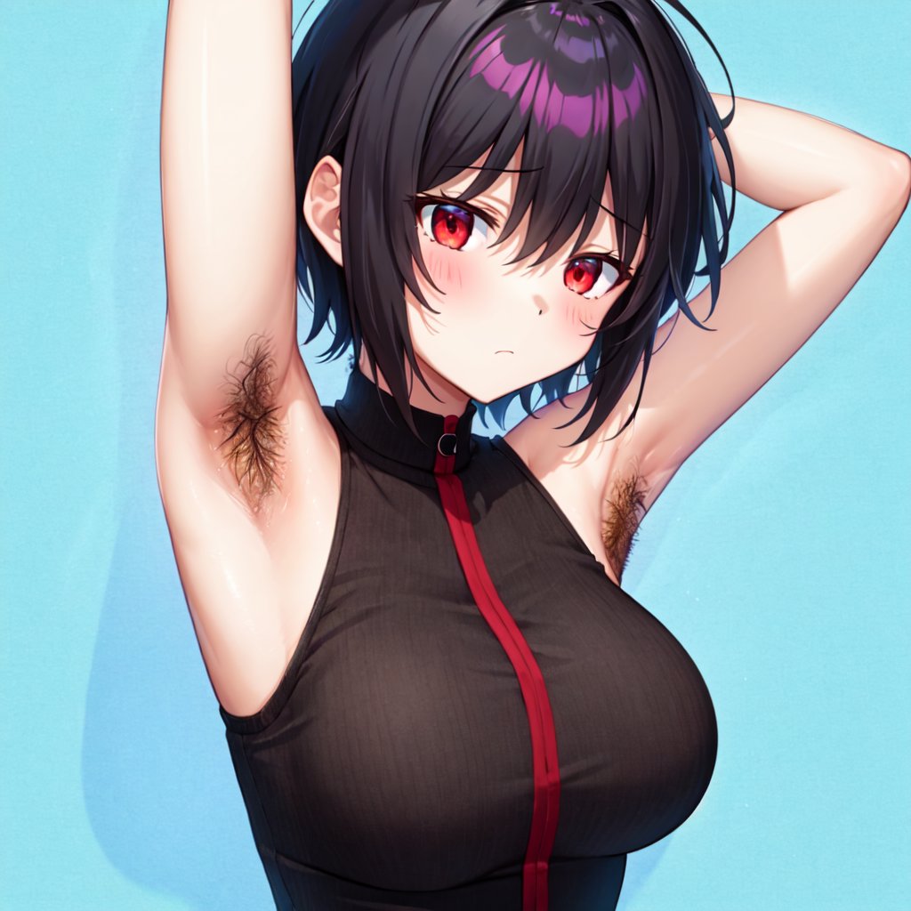 best quality, masterpiece, 1girl, black hair, short hair, red eyes, messy hair, (armpit hair:1.3), arms up, armpits