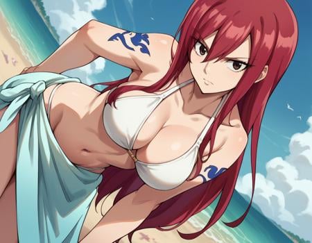 score_9, score_8_up, score_7_up, source_anime,erzascarlet, <lora:erza-scarlet-ponyxl-lora-nochekaiser:1>erza scarlet, long hair, red hair, hair between eyes, brown eyes,navel, swimsuit, bikini, tattoo, white bikini, sarong,outdoors, beach, bent over,looking at viewer, dutch angle, cowboy shot