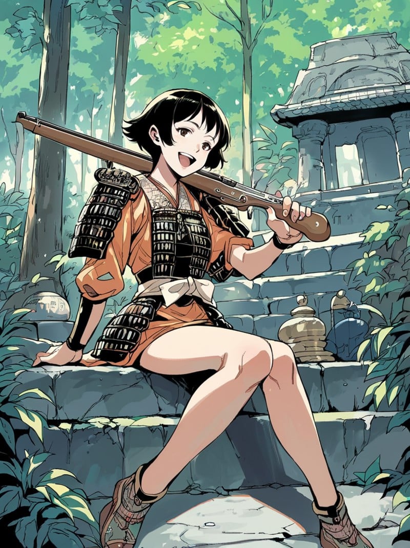 score_9,score_8_up,score_7_up,source_anime,1girl,<lora:samurai_armor_pony:1>,samurai,antique firearm on shoulder,stone stairs,buddhism temple,forest,sitting,short black hair,open mouth,smile,sitting,bare legs,brown eyes,