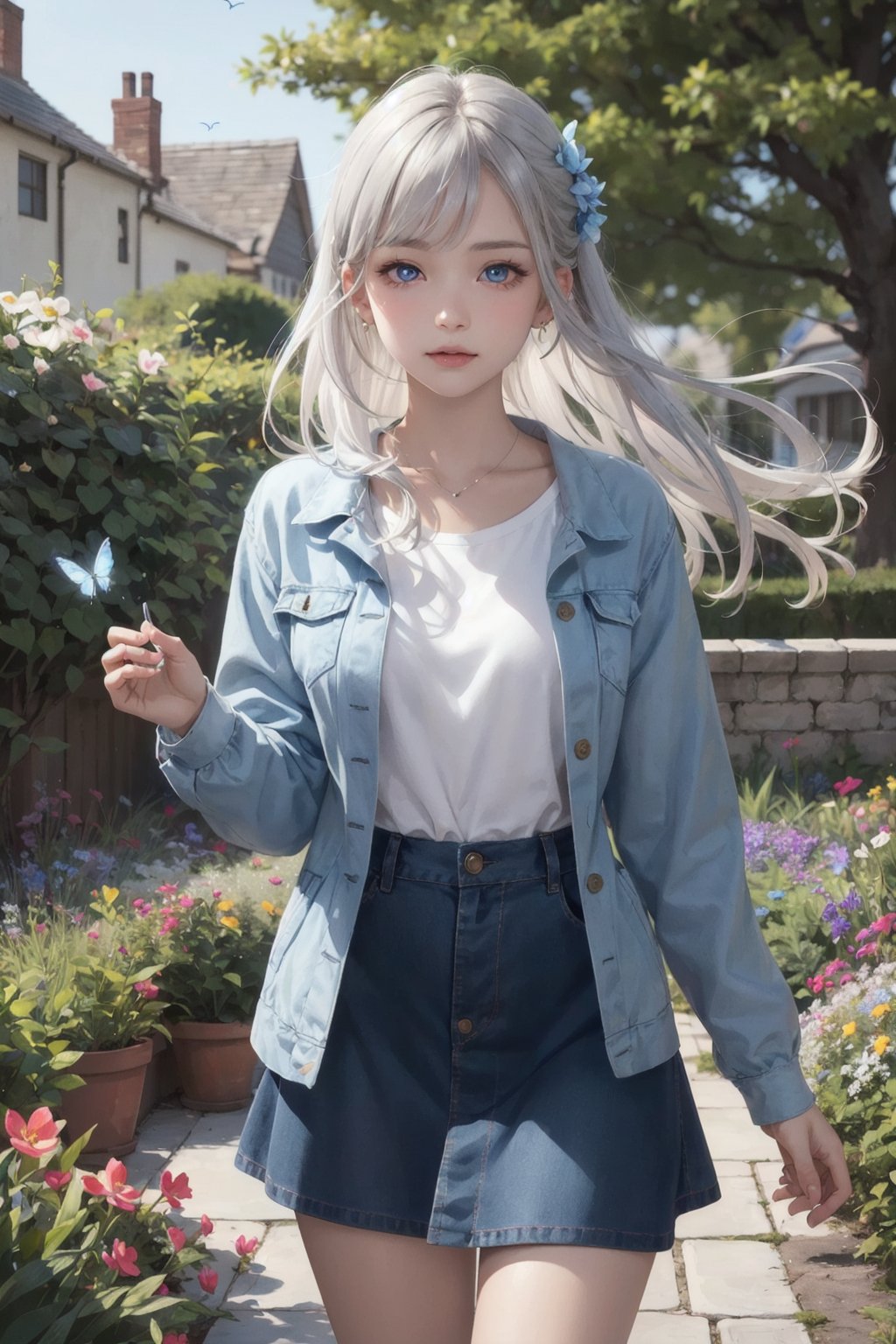 original, (masterpiece), (extremely fine and beautiful), perfect detailed, photorealistic, (beautiful and clear background:1.25), (depth of field:0.7), (1 cute girl stands in the garden:1.1), (cute:1.35), (detailed beautiful eyes:1.3), (beautiful face:1.3), casual, silver hair, silver ear, (blue hair:0.8), (blue ear:0.8), long hair, coat, short skirt, hair blowing with the wind, (blue eye:1.2), flowers, (little girl:0.65), butterflys flying around