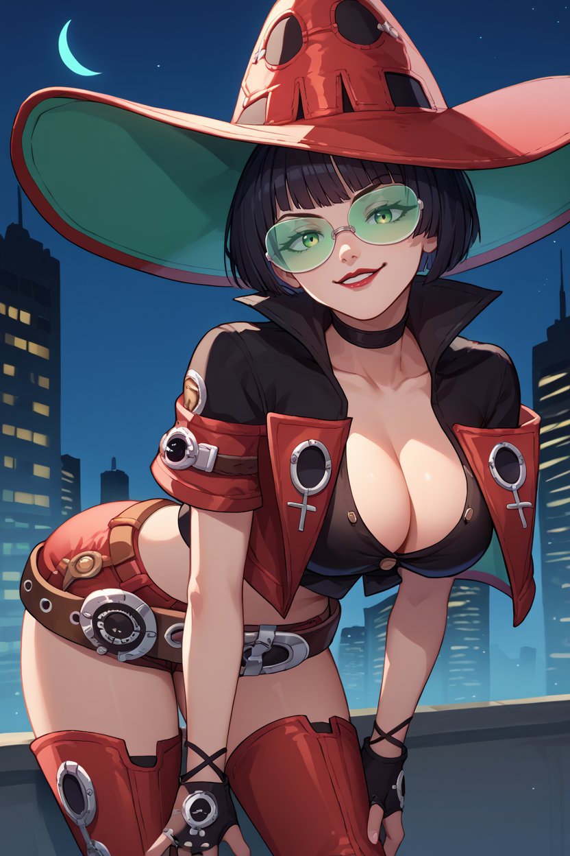 score_9, score_8_up, score_7_up, score_6_up, source_anime, 1girl, solo <lora:ggino-pdxl-nvwls-v1-000005:1> striveIno, black hair, green eyes, hat, choker, tinted eyewear, red jacket, short sleeves, black shirt, midriff, belt, fingerless gloves, thigh boots, short shorts, large breasts, looking at you, upper body, smirk, smug, city, night sky, night, leaning forward, lipstick