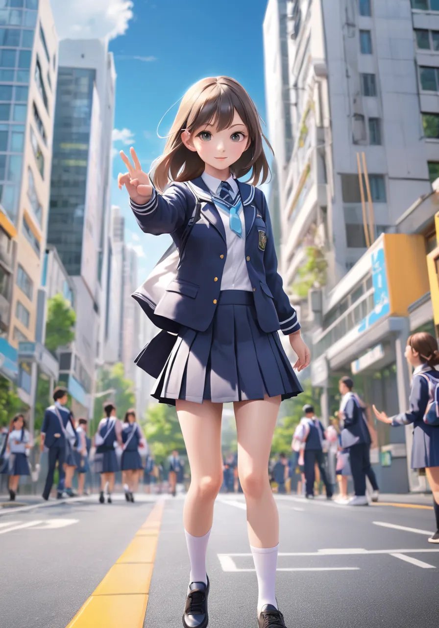 highres,best quality,photo,natural, shcool girl ,shool uniform,active pose,city,shoool zone