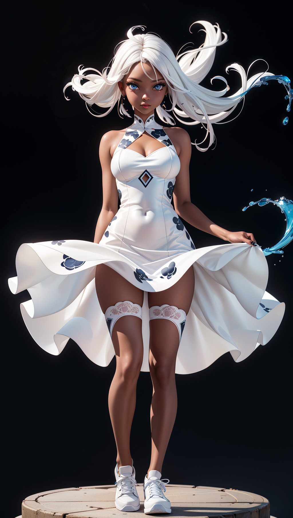 a woman with white hair and blue eyes,in a white dress with a black background and a splashs of paint all over,Celestial Skin,dark skin,flower-pattern,see-through white dress,black under cloths,facing viewer,hair blowing in the wind,white shoes,fantasy,white fires all over,
