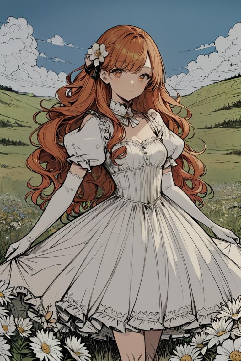 score_9, score_8_up, score_7_up, rating_safe, flat color, 1girl, solo, long hair, curly hair, wavy hair, orange hair, orange eyes, looking at viewer, breasts, dress, white dress, puffy sleeves, puffy short sleeves, short sleeves, gloves, elbow gloves, white gloves, cowboy shot, closed mouth, standing, outdoors, field, flower, grass, plant, sky <lora:LineArt Mono Style LoRA_Pony XL v6:1>