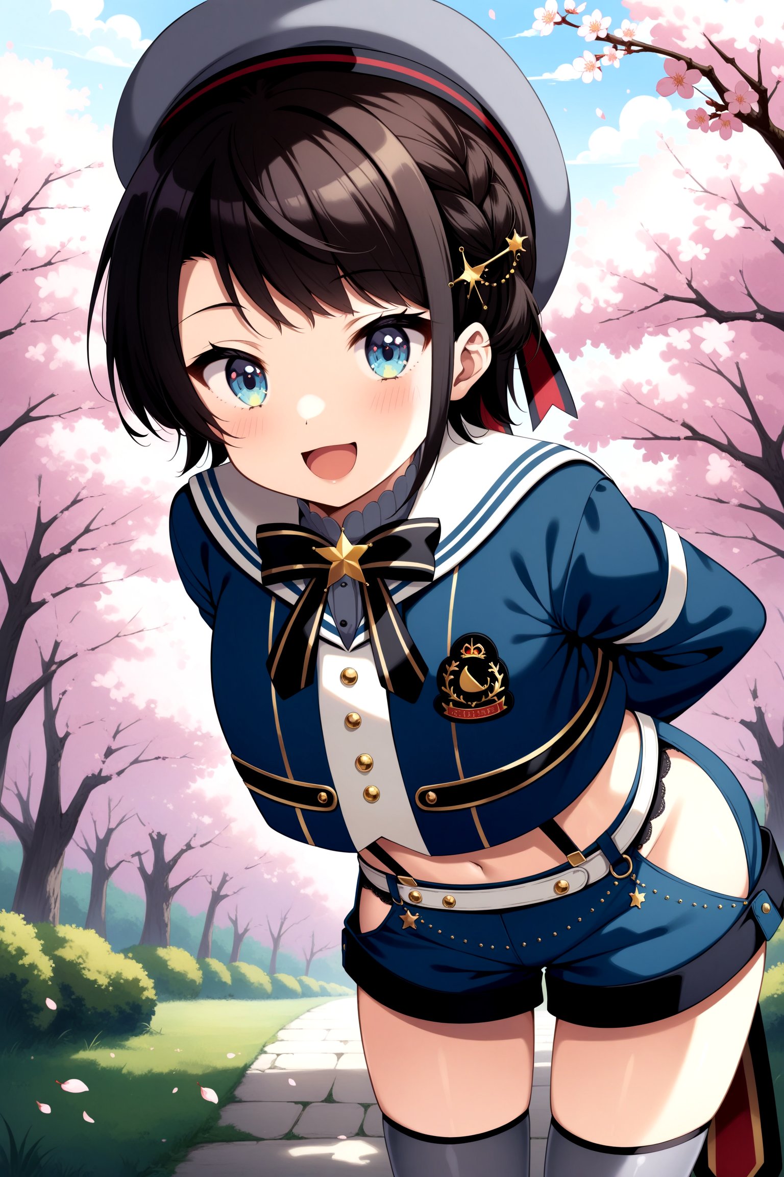 (masterpiece, best quality, very aesthetic, ultra detailed), intricate details, 4k, anime style, bbsubaru, short hair, french braid, hairclip, grey headwear, sailor collar, black bowtie, cropped jacket, blue jacket, long sleeves, suspenders, midriff, blue shorts, grey thighhighs, <lora:oozora_subaru_XL_v1:0.9>, smile, cherry blossoms, standing, leaning forward, open mouth, cowboy shot, arms behind back,