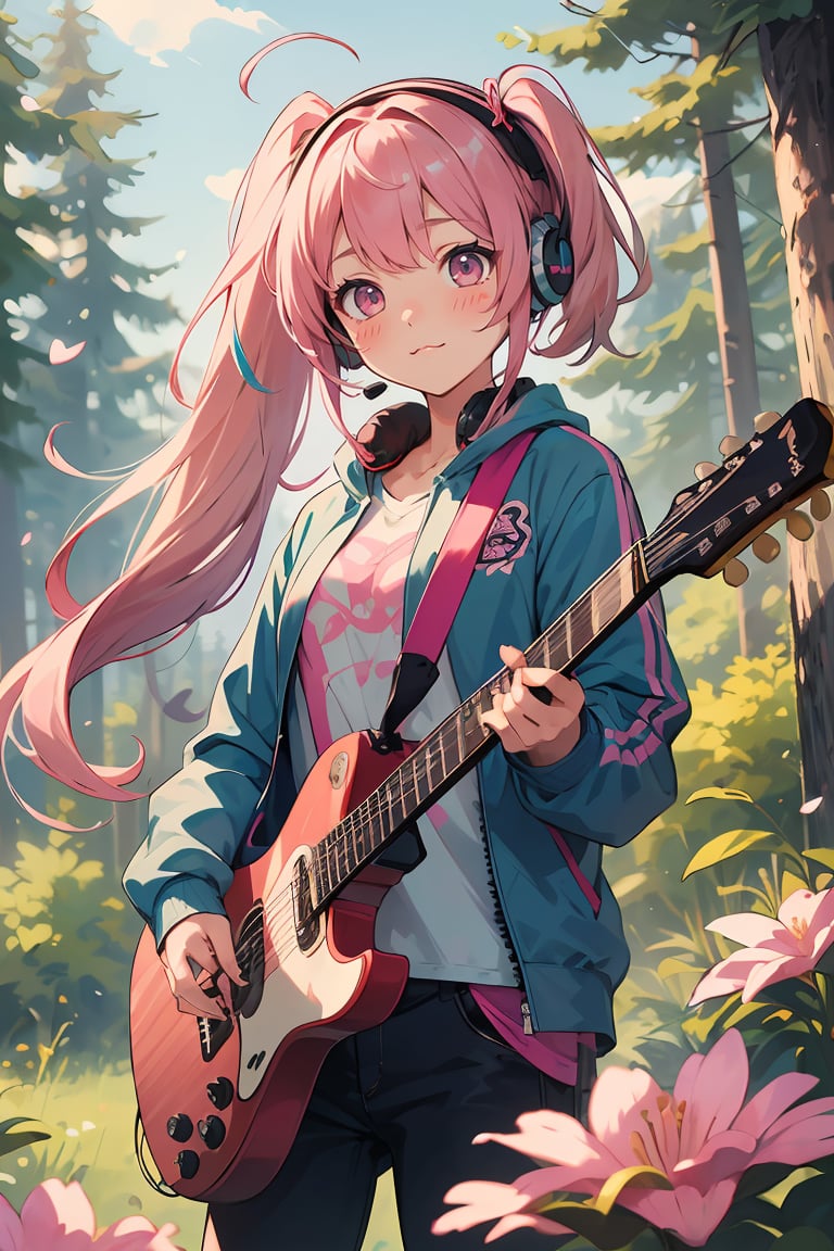 masterpiece,best quality,1  girl very cute with pink hair and blushed,flower,outdoors,playing guitar,music,holding guitar,jacket,:3,shirt,long pinkhair in one side ponytail,pine trees,pink hair,blush stickers,long sleeves,bangs,headphones,flowers,<lora:GoodHands-beta2:1>