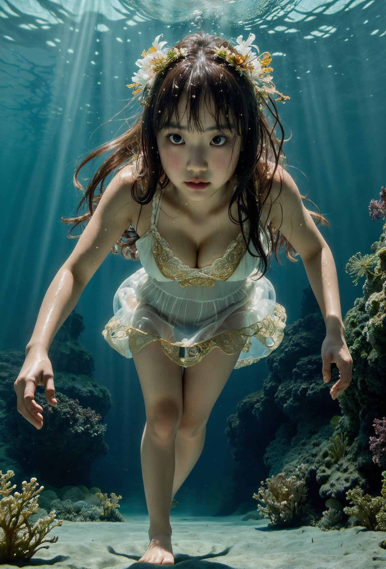 best quality, masterpiece, raw photo of a 1girl diving down underwater which in wet floral lace see-through long white dress which often for ornate details and gold jewelry, floating long brown hair, shy cute face, far side high key light, professional cinematic, hard shadow, soft bokeh, professional photography, balanced contract, balanced exposure,  show cleavage, bare feet, show legs, diving:1.3 