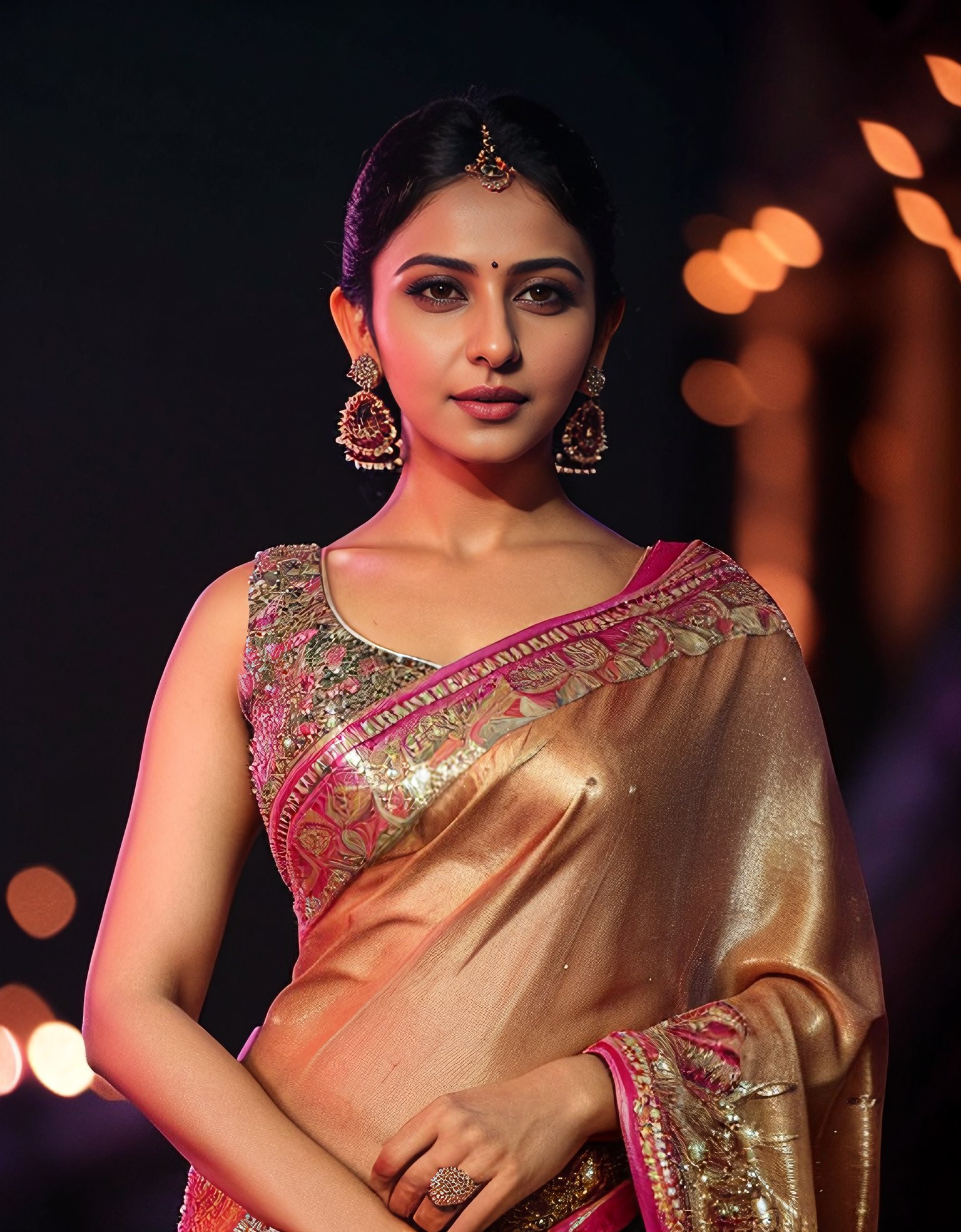 hires headshot photo of 30-year-old (rkps woman:1), ultra sharp, looking straight at camera, dynamic pose, (marathi_saree:1.2), realistic skin texture, night time, bokeh lights, film grain <lora:rkps_Rakul_Preet_SD15_LoHa:1>