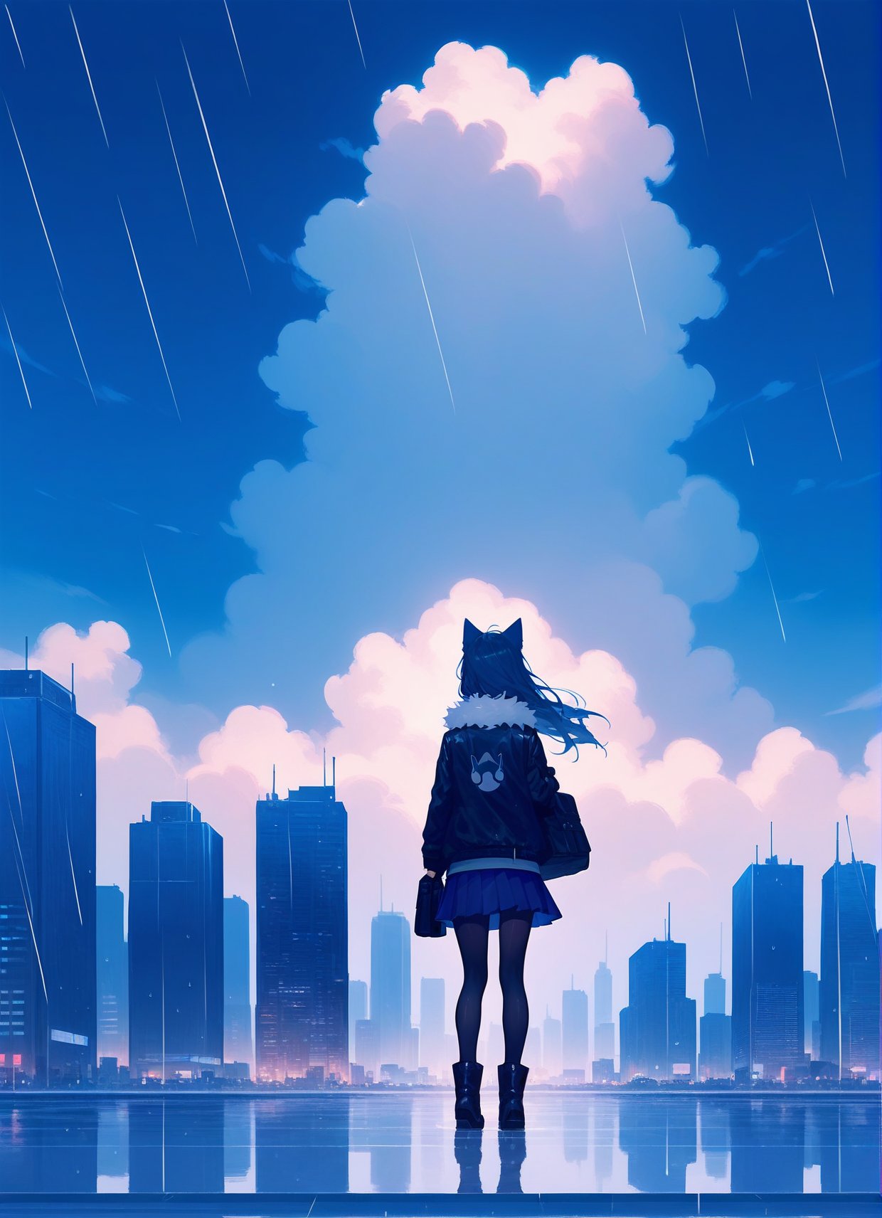 score_9,score_8_up,score_7_up,1girl,animal ears,cloud,outdoors,sky,long hair,scenery,cloudy sky,building,rain,skirt,solo,bag,cityscape,boots,reflection,city,standing,from behind,dog,pantyhose,skyline,facing away,tail,long sleeves,blue theme,water,skyscraper,jacket,pleated skirt,fur trim,cat ears,holding,animal,blue skirt,