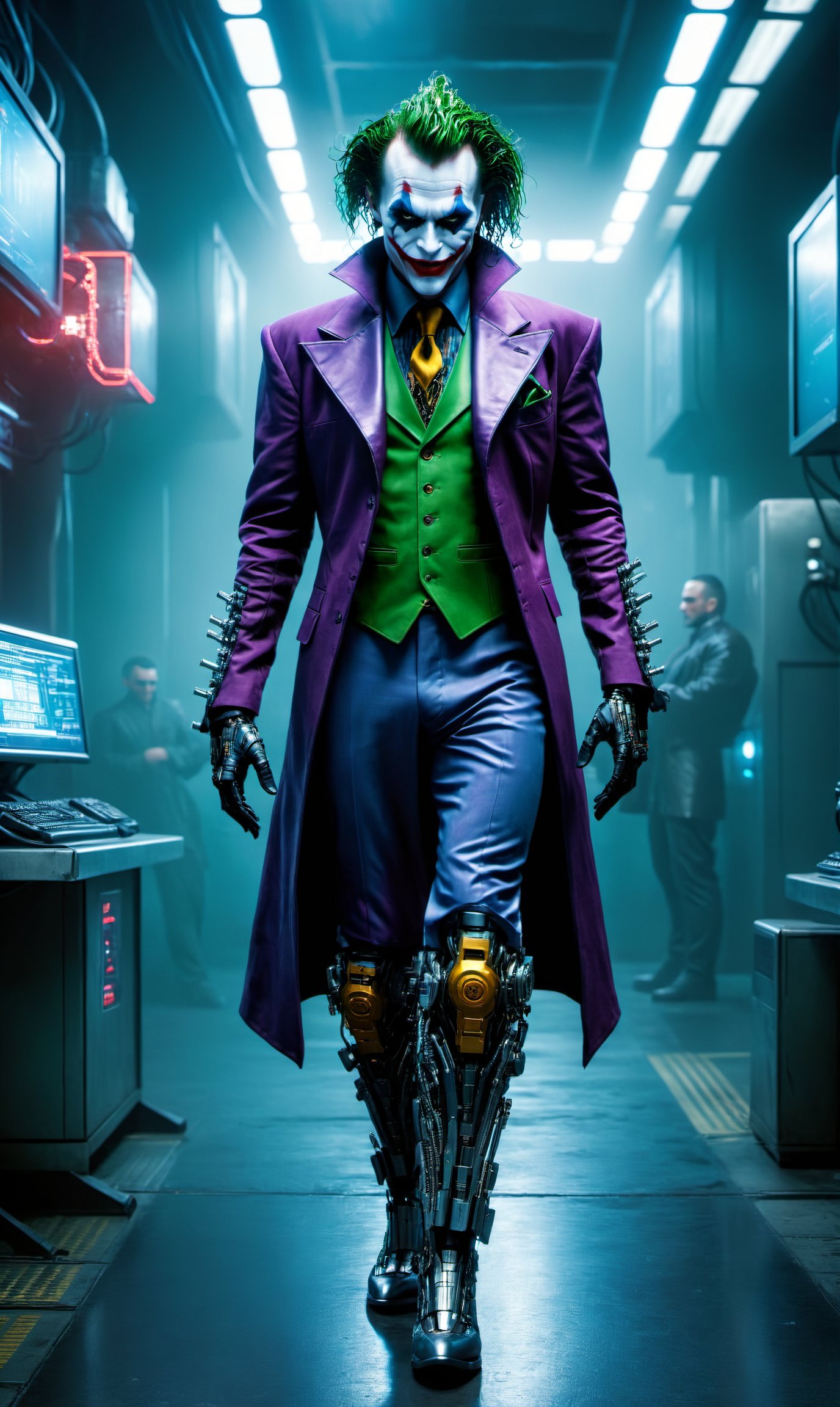 In the cyberpunk world, a transformed joker, with cybernetic enhancements, full body, perfect composition, hyperrealistic, super detailed, 8k, high quality, trending art, trending on artstation, sharp focus, studio photo, intricate details, highly detailed,