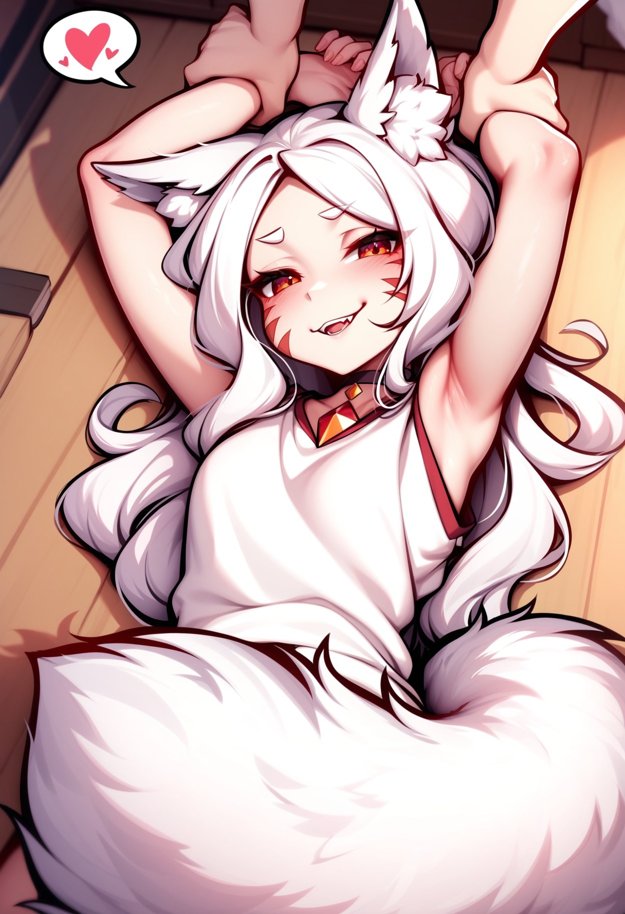 best quality, masterpiece, bold line, smooth shading,1girl, shiro \(sewayaki kitsune no senko-san\), animal ear fluff, fox girl, fox ears, fox tail, eyelashes, white hair, long hair, red eyes, facial whisker markings, choker gem, sleeveless t-shirt, smug, (arms up:1.3), grabbing another's wrist, assisted exposure, lying on back, from above, spoken heart, tail censor, indoors, on floor