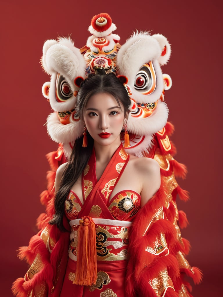 1girl, big lion head,  bare shoulders, black hair, breasts, brown eyes, Chinese clothes, cleavage, eyelashes, hagoromo, hair ornament, jewelry, lips, lipstick, looking at the viewer, makeup, medium breasts, realistic, red lips, shawl, ((full body)), (Lion Dance:1.5), red background <lora:Lion Dance:0.65>