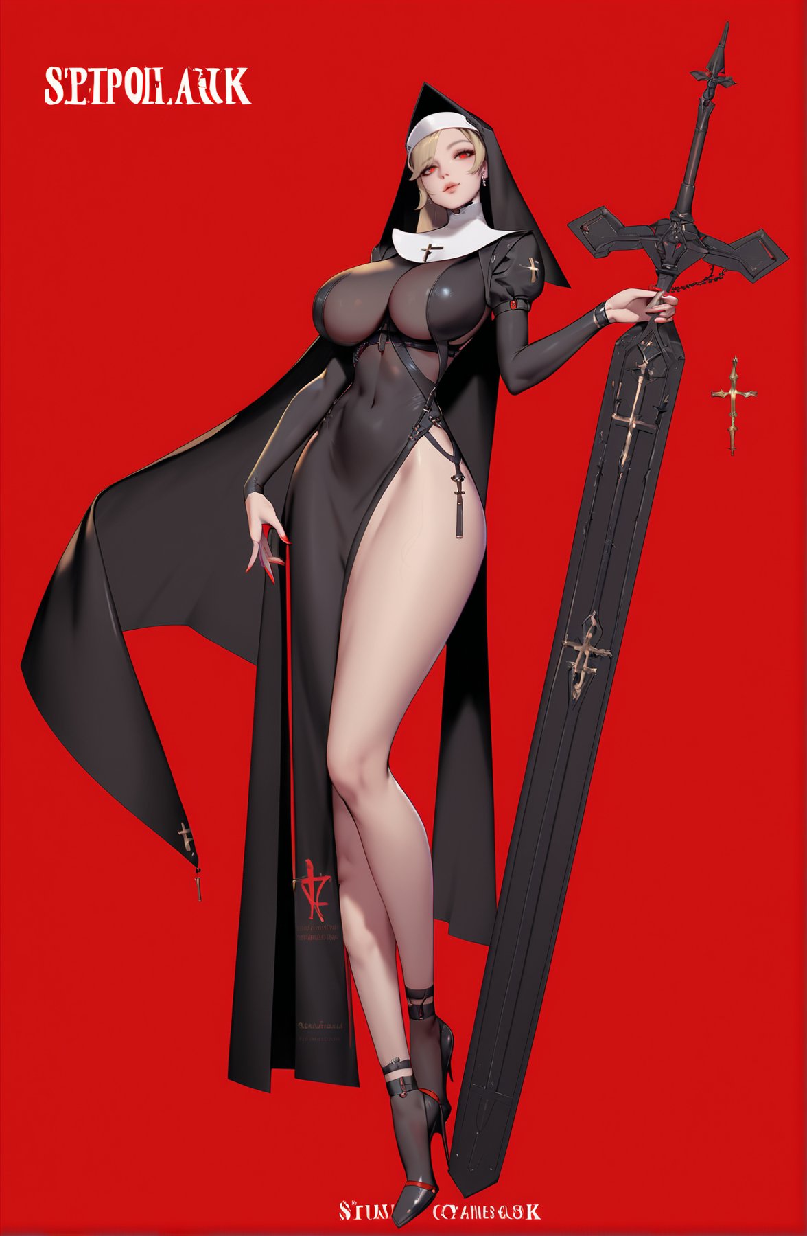 score_9, score_8_up, score_7_up, score_6_up, <lora:jijia-pony-Tanger-000006:0.8>, jijia, 2d, anime, 1girl, solo, breasts, holding, high heels, red background, nun, red eyes, full body, simple background, large breasts, cross, blonde hair, dress, habit, holding sword, sheathed, standing, covered navel, impossible clothes, short hair, side slit, belt, jewelry, looking at viewer, a woman dressed as a nun holding a sword, 