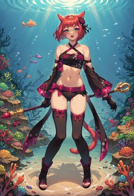 zPDXL, score_9, score_8_up, score_7_up, 1girl, full body, red hair, green eyes, bob cut, red lipstick, pastel eyeshadow, miqo'te, cat ears, cat tail, holding weapon, holding staff, underwater, coral reef,<lora:Shisui_Caster_FFXIV:.8> shisuicaster, detached sleeves, criss-cross halter, boots, bandeau, black thighhighs, gloves, hair flower , navel,  bare shoulders, midriff