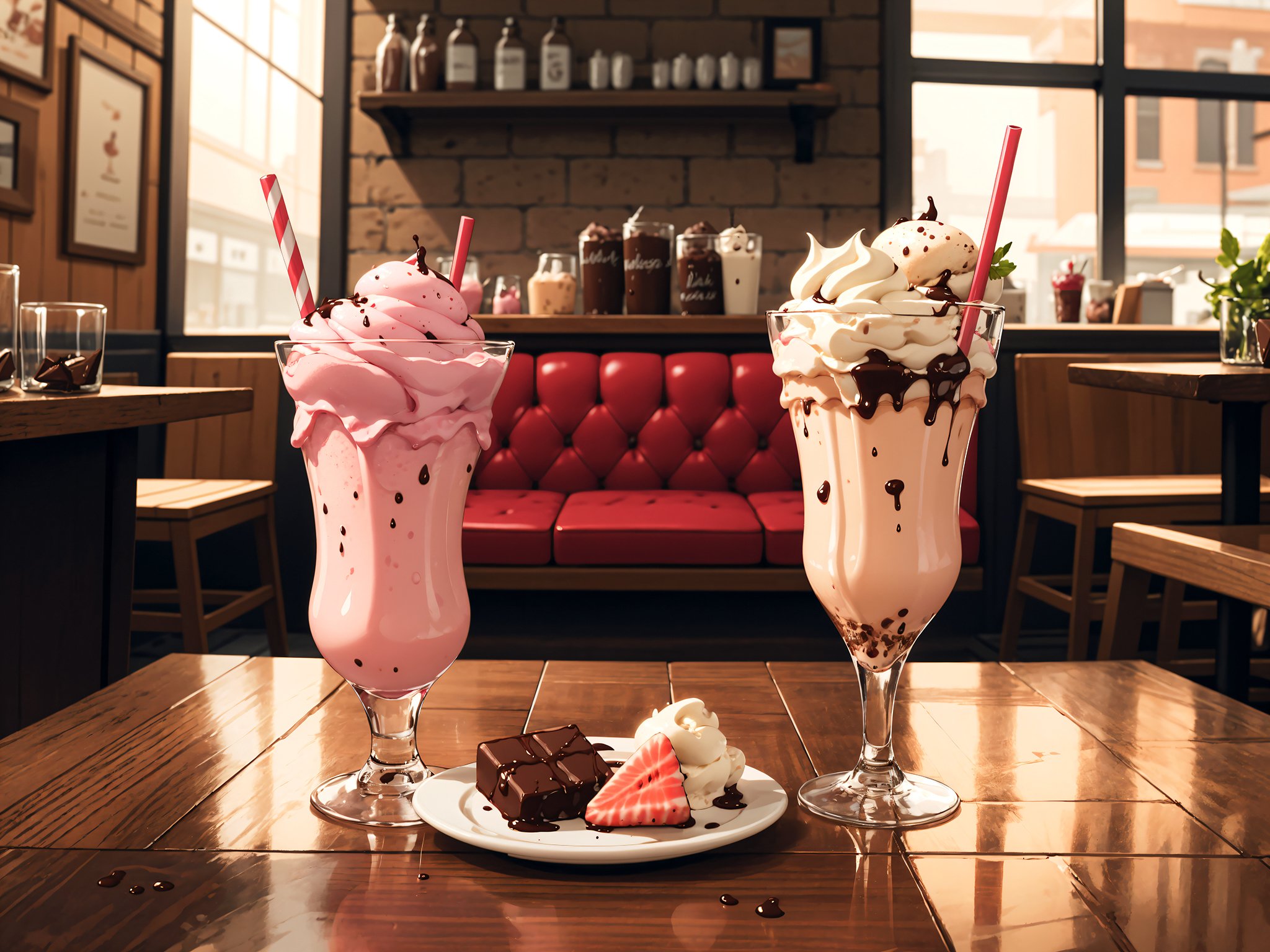 masterpiece, best quality, symmetrical, post processing, cinematic, raw photo, ultra-detailed, 8k, two wine glasses side by side, [[BREAK]] one glass is filled with chocolate milk shake with ice cream, chocolate drip, [[BREAK]] the other glass is filled with pink strawberry milk shake with ice cream, [[BREAK]] straw in each glass, straws facing opposite direction, tasty, delicious, on table, close-up, sharp focus, ultra highres, professional photography, beautiful food photography, intricate details, coffee shop background, (detailed background:1.3), glass window, chairs, people, moody vibes, warm tone