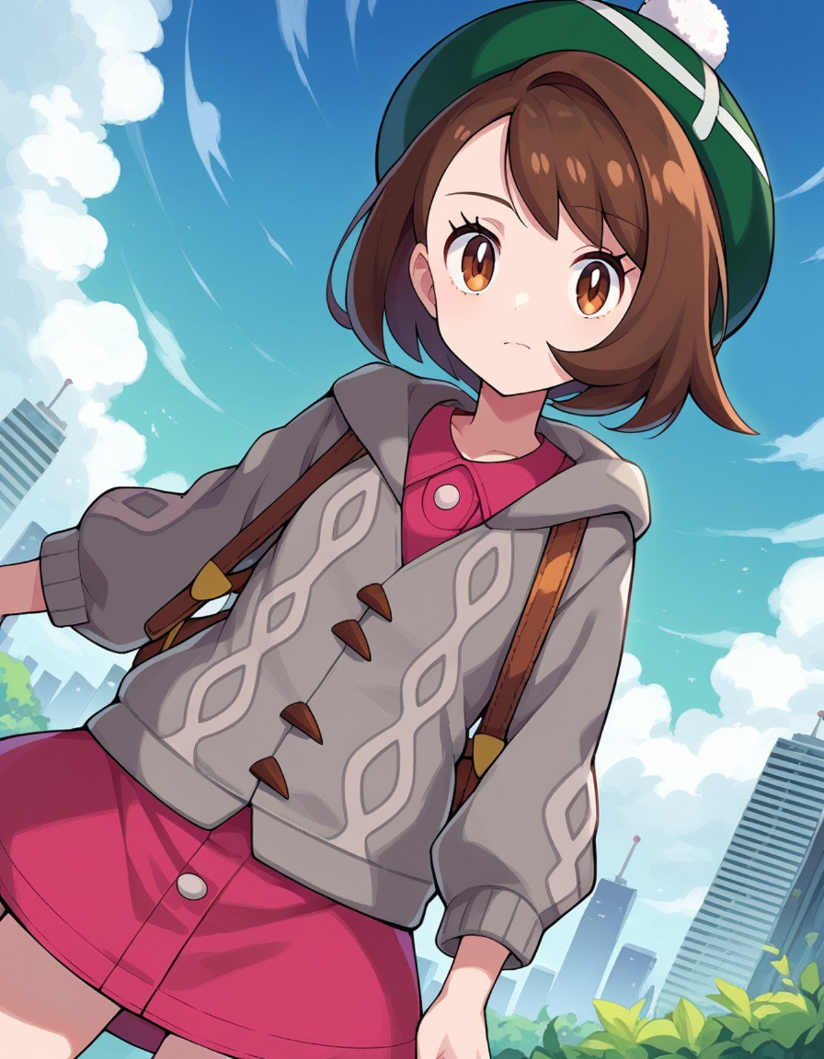 score_9, score_8_up, score_7_up, source_anime,pokemongloria, <lora:pokemon-gloria-ponyxl-lora-nochekaiser:1>pokemongloria, brown eyes, brown hair, medium hair,cardigan, dress, green headwear, grey cardigan, hood, hood down, hooded cardigan, long sleeves, pink dress, short dress,outdoors, cityscape,looking at viewer, cowboy shot, dutch angle,