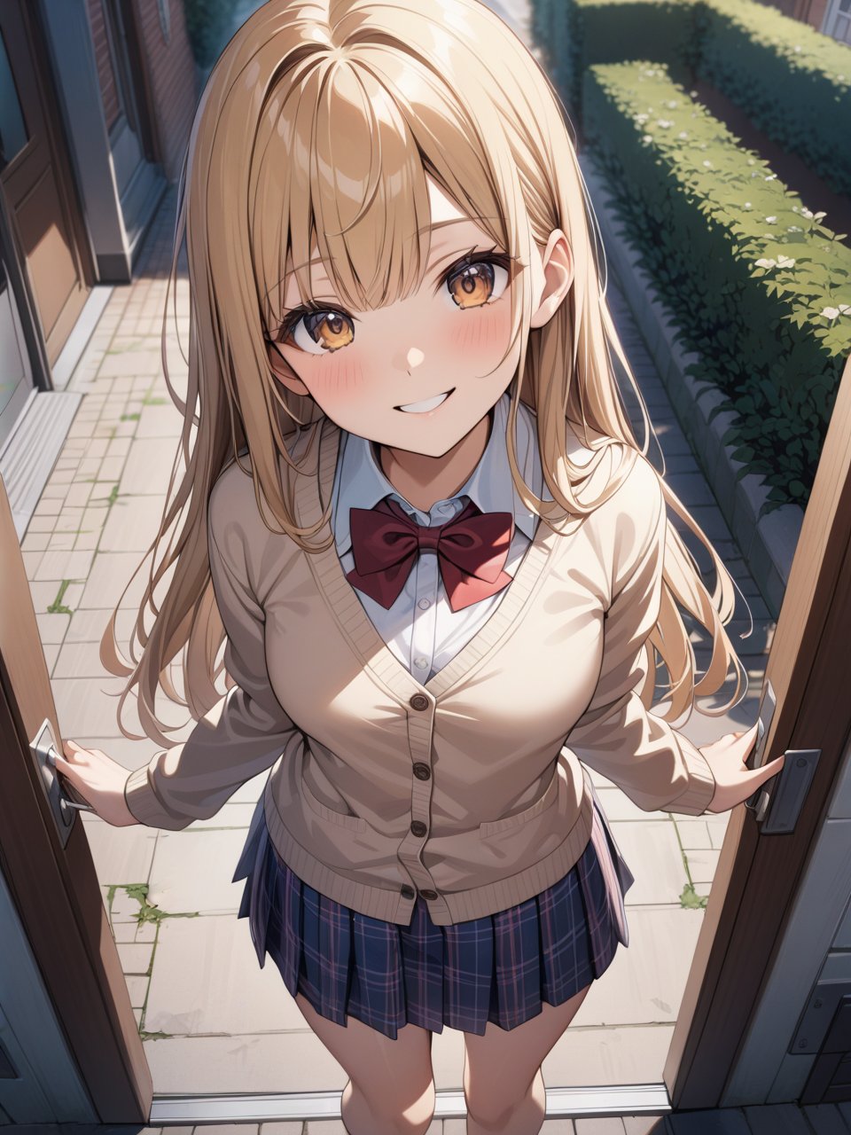 cute 1girl, blonde hair, (straight hair), bangs on one side, head tilt, (waist), light brown cardigan, plaid skirt, red bowtie, arms behind back, looking at viewer, happy smile, entrance, outdoor, from above, teenage, (depth of field), masterpiece, best quality