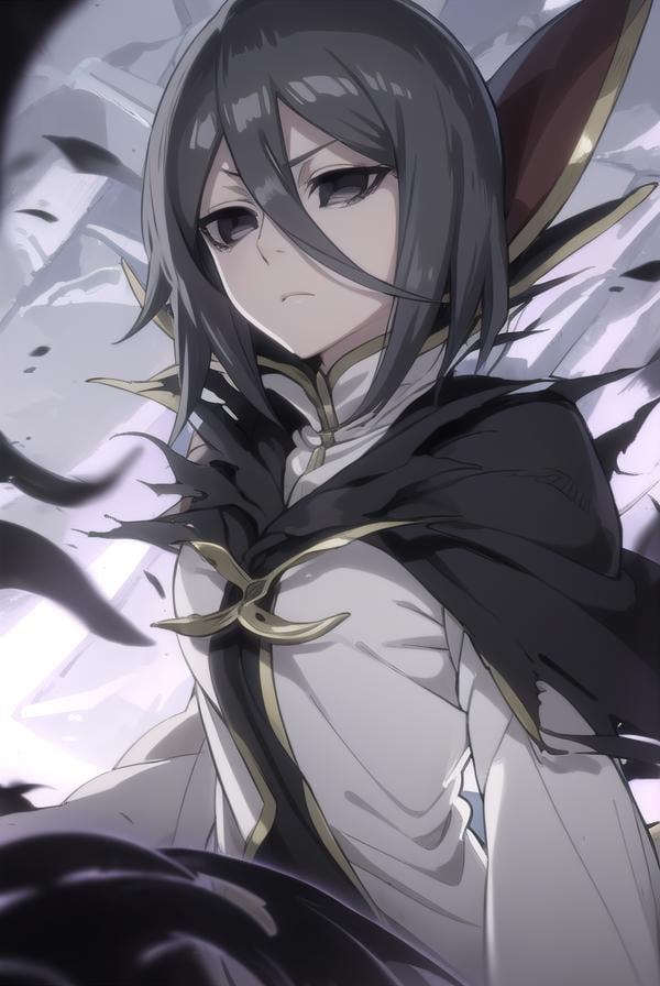 rukiakuchiki, <lora:rukia kuchiki movie3-lora-nochekaiser:1>,dark rukia kuchiki, kuchiki rukia, short hair, grey hair, hair between eyes, (black eyes:1.5), (black sclera:1.5),BREAK cape, robe, white robe, high collar, long sleeves, torn clothes,BREAK outdoors,BREAK looking at viewer,BREAK <lyco:GoodHands-beta2:1>, (masterpiece:1.2), best quality, high resolution, unity 8k wallpaper, (illustration:0.8), (beautiful detailed eyes:1.6), extremely detailed face, perfect lighting, extremely detailed CG, (perfect hands, perfect anatomy),