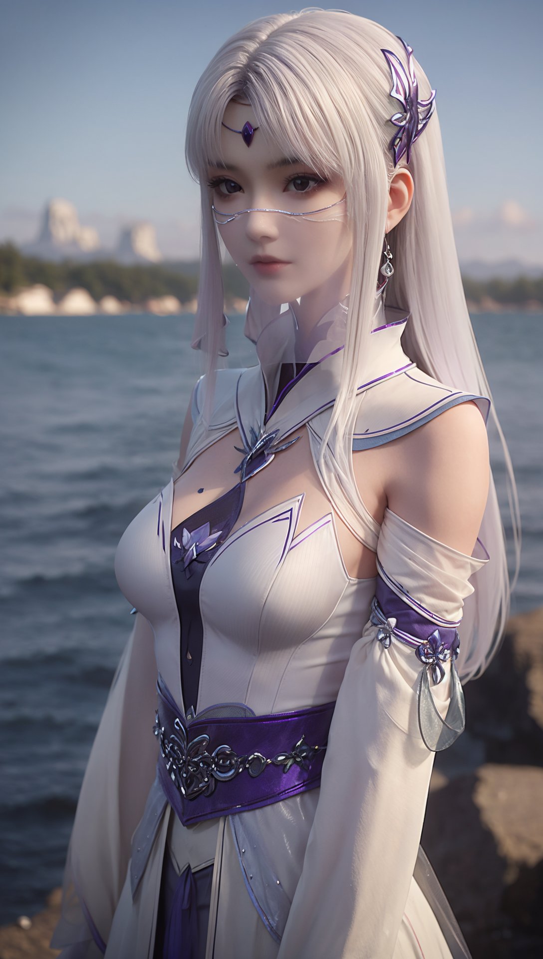 1girl,<lora:xyx_20240112203732-0000010:0.7>,white dress,white hair,purple tone,lakeside,(no buildings:1.2),(a gentle gaze:1.3),(clear sky:1.2),(upper_body:1.2),