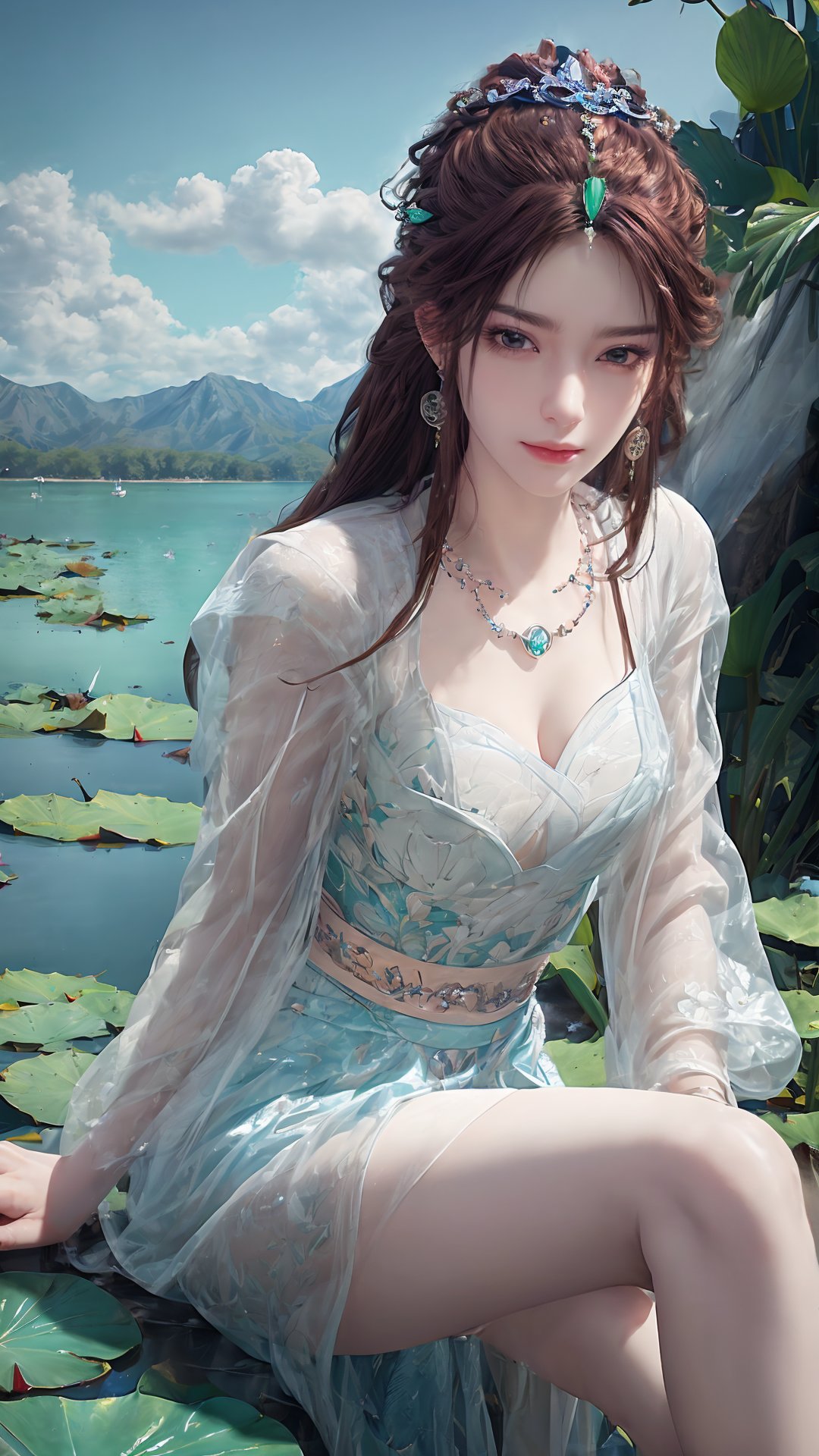 masterpiece,best quality,official art,extremely detailed CG unity 8k wallpaper,realistic,light rays,light particles,1girl,brown_hair,solo,long hair,earrings,jewelry,brown_eyes,lips,chinese_clothes,necklace,hair_ornament,see-through,blue theme,scenery,reflection,outdoors,lotus leaf,(lotus:1.3),lake water,blue sky,white cloud,dynamic pose,looking at viewer,sitting,thigh,