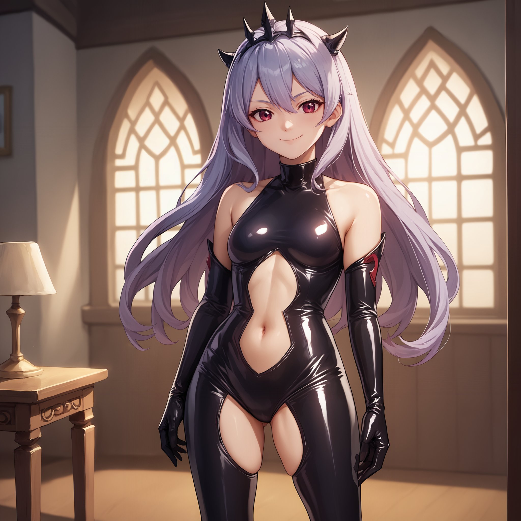 score_9, score_8_up, score_7_up, source_anime,defCm, 1girl, evil smile, closed mouth, latex princess, stomach cutout, bare shoulders,solo, cowboy shot, standing, indoors,  <lora:latex-princess3-005:0.8>  <lora:camilla-pdxl-nvwls-v1:0.8> , 