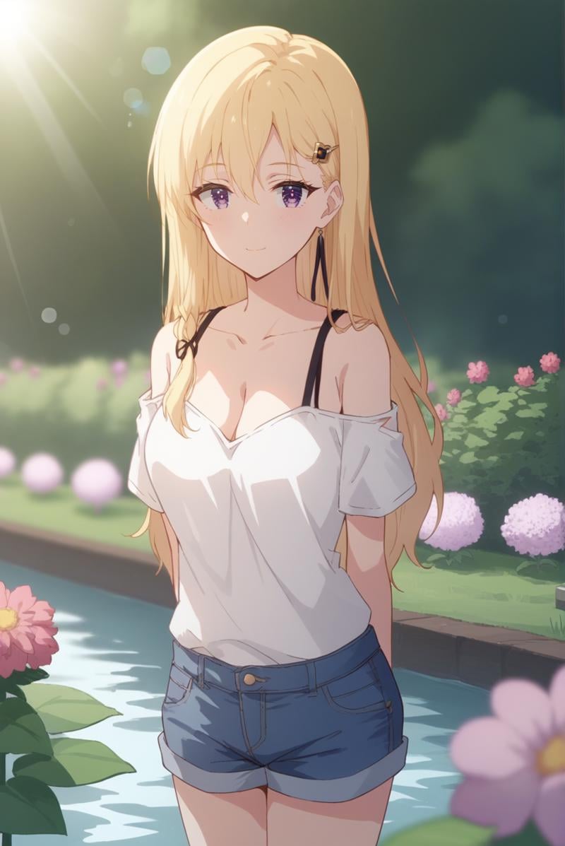 score_9, score_8_up, score_7_up, score_6_up, score_5_up, score_4_up, BREAK source_anime, 1girl, solo,<lora:AyaseSakiXL-v1-07:0.7>, ChopioAyase, long hair, blonde hair, shiny hair, hair between eyes, purple eyes, highly detailed eyes, hair clip, looking at viewer, long hair, (side braid:1.1),outdoors, garden, flowers, pond, standing, seductive smile,cleavage, strap, bare shoulders, denim shorts, loose white shirt, arms behind back, sunny, sunlight, light rays, lens flare, (depth of field:1.3), bokeh,