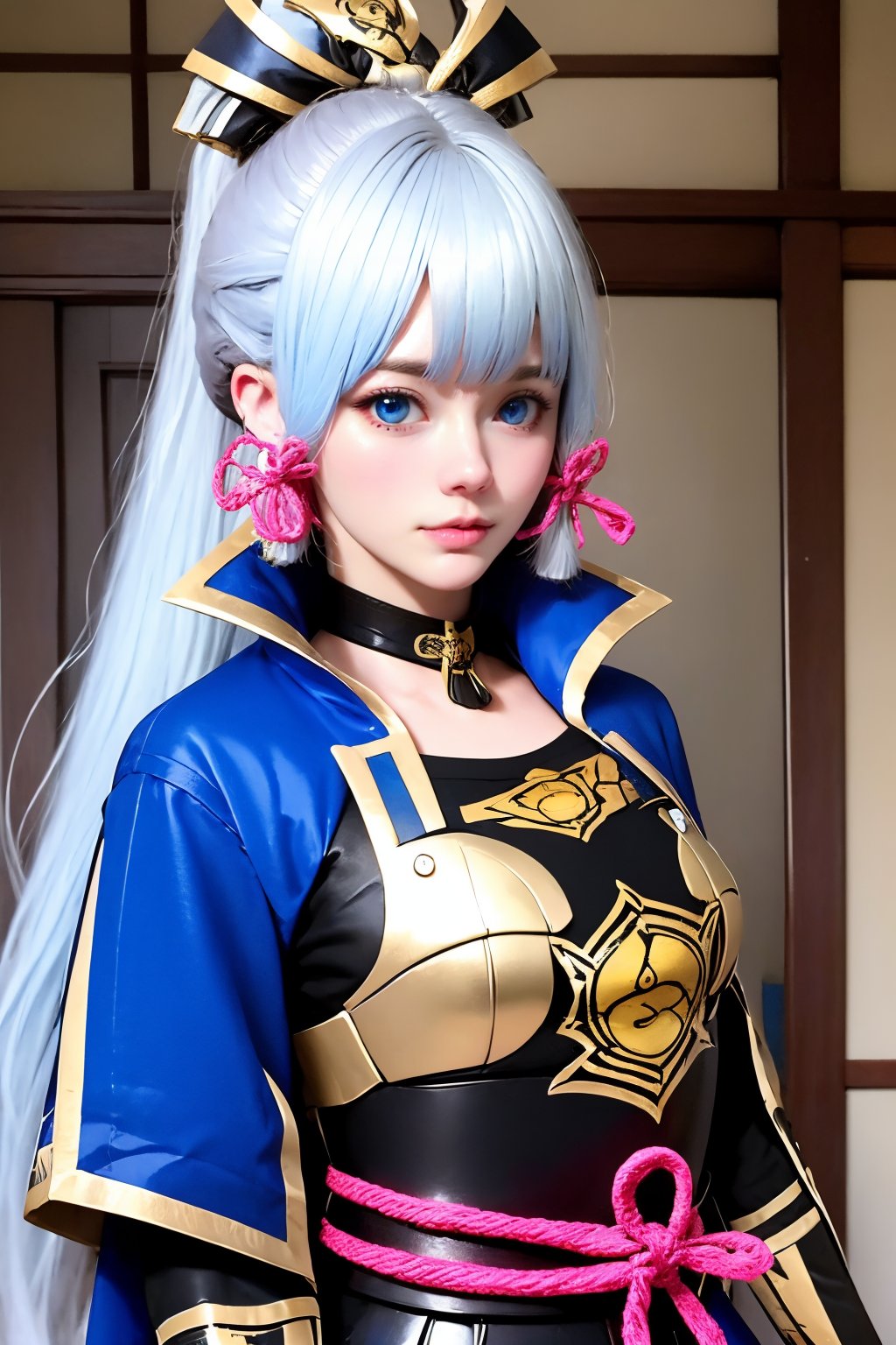 1girl, kamisato ayaka, solo, blue eyes, long hair, looking at viewer, ponytail, armor, blunt bangs, ribbon, hair ribbon, lips, white hair, tress ribbon, breastplate, sidelocks, hair ornament, jacket, realistic, pink ribbon, upper body, nose, closed mouth, armored dress, blue jacket, japanese armor, long sleeves, blue hair, mole, mole under eye, blue capelet, high ponytail, looking to the side, arm guards, light blue hair, indoors