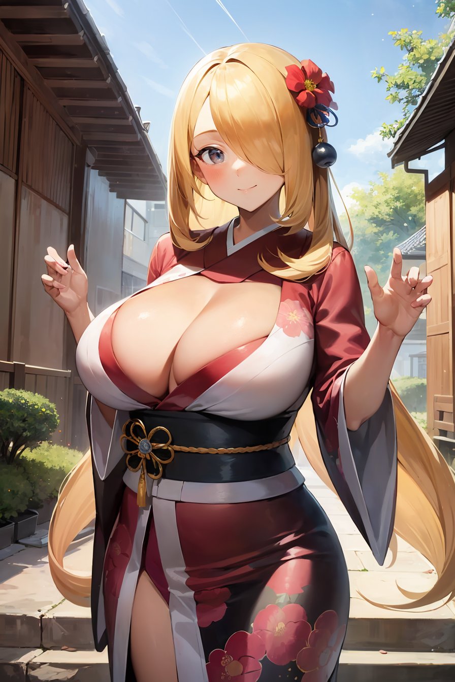 (masterpiece, best quality), 1girl, (solo), looking at viewer,<lora:Cynthia (Ikuchan Kaoru)-offset:0.9>, cynthia-IK, blonde hair, hair ornament, hair over one eye, long hair, huge breasts,kimono, japanese clothing, sash, obi, hair flower, colorful clothing, floral print, frills,,smile, closed mouth,tint architecture urban landscape cosmic forces,falling leaf,sky watcher, 