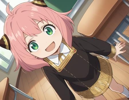 score_9, score_8_up, score_7_up, source_anime,anyaforger, <lora:anya-forger-ponyxl-lora-nochekaiser:1>,anya forger, anya forger, bangs, green eyes, pink hair, ahoge, hair ornament, hairpods, child, female child, smile,long sleeves, dress, school uniform, socks, black dress, eden academy school uniform,indoors, classroom, bent over, open mouth,looking at viewer, cowboy shot, dutch angle,