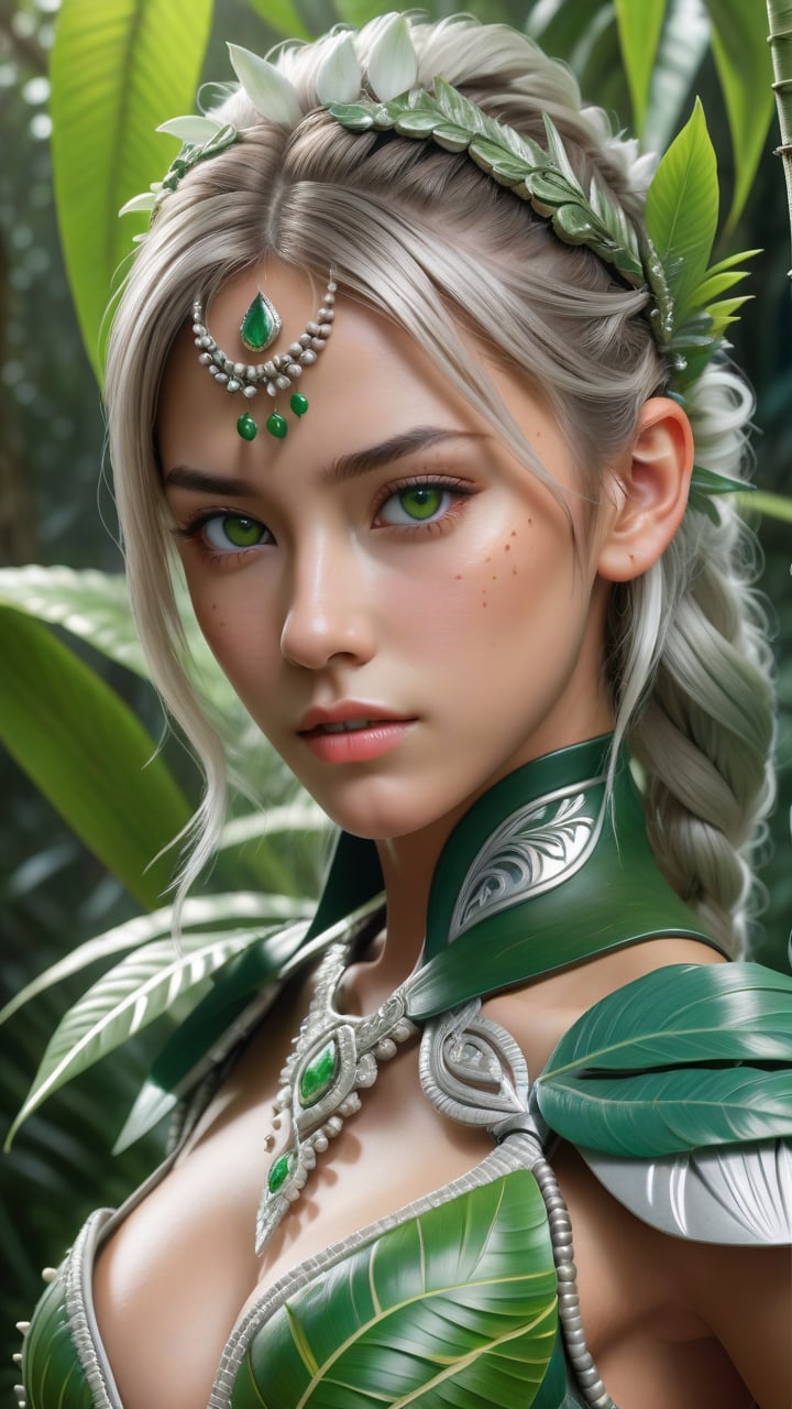 photorealistic, 35mm, intricate details, hdr, intricate details, hyperdetailed, natural skin texture, hyperrealism, sharp, 1 girl, swedish, silver eyes, white prom hairstyle, solo, upper body, looking at viewer, detailed background, detailed face, (<lora:RootsBranchesAIv5:0.5>, RootsBranchesAI theme:1.1), jungle fighter, green tribal clothing, warpaint, beads, tropical climate, dynamic pose, defensive stance, poisonous plants, colorful plants, exotic trees, fronds, vines, mysterious, jungle in background, sunrays, cinematic atmosphere,