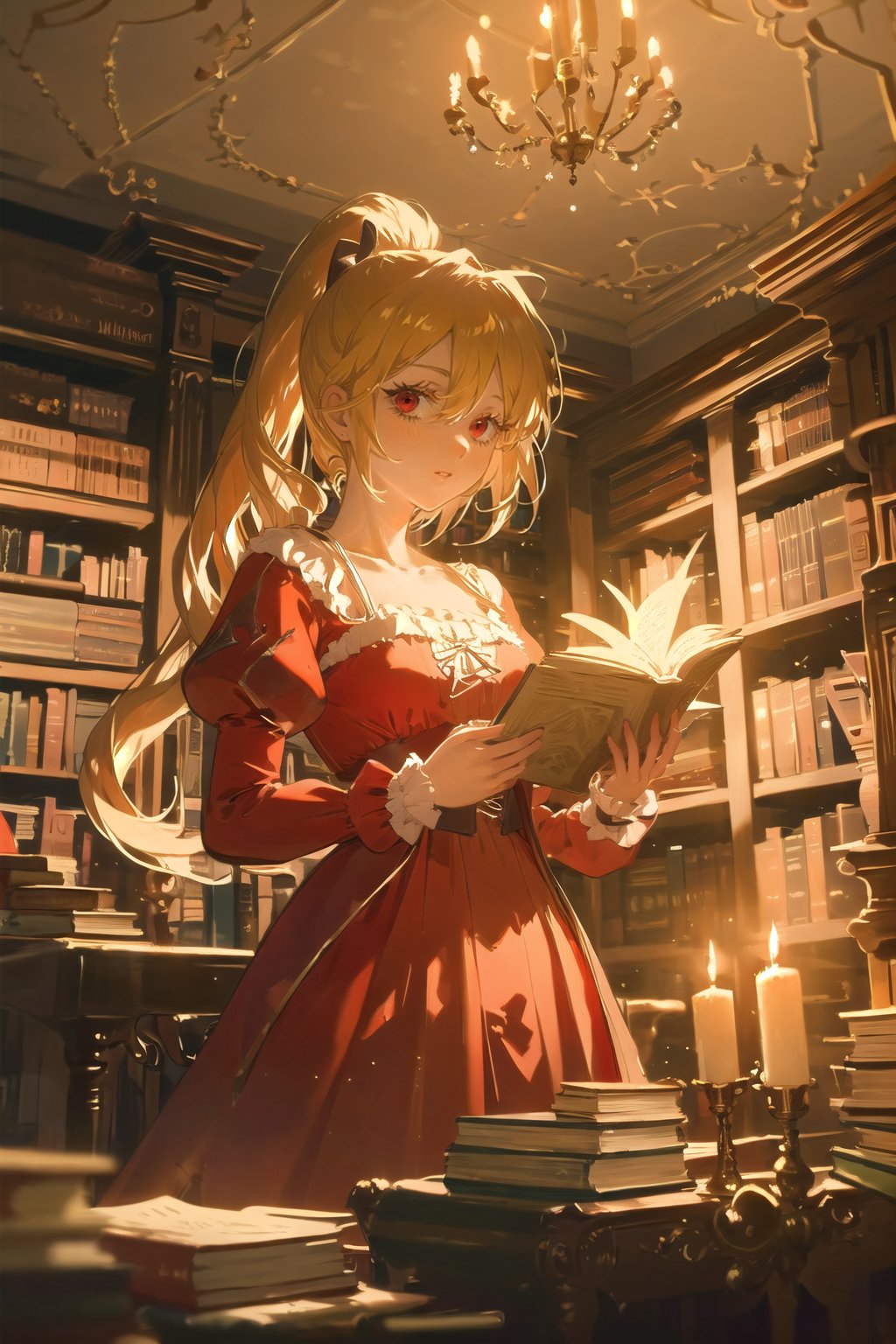 1girl, solo,blonde hair, long hair, high ponytail, hair intakes,red eyes, long eyelashes, thick eyelashes, looking at viewer,red dress, juliet sleeves, long sleeves, collarbone,indoors, library, books, (renaissance, vintage:1.2), dark, night, candlelight,