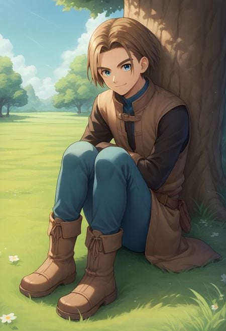 score_9, score_8_up, score_7_up, source_anime, highly detailed, 1boy, solo, male_focus, hero, solo, 1boy, male focus,  brown hair, blue eyes, boots, medium hairs,outdoor, grass, tree, smile,