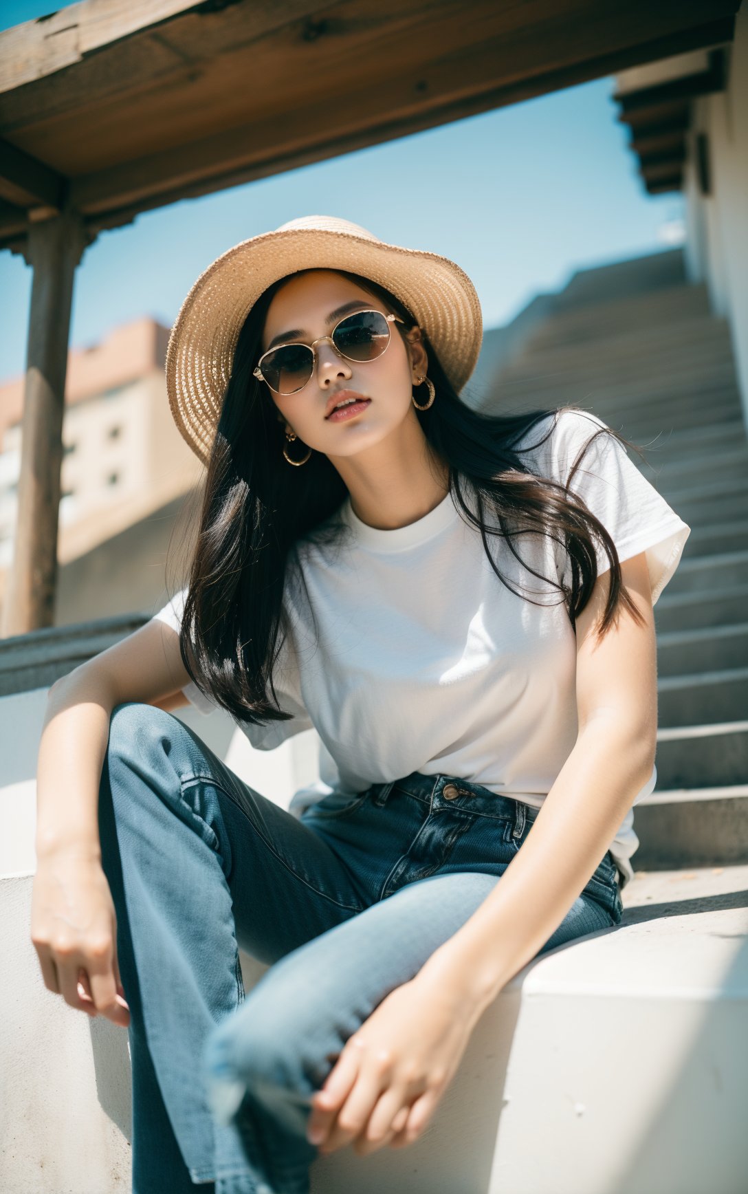 a woman sitting on a ledge wearing a hat and sunglasses on her head and a white shirt and jeans,1girl,solo,hat,pants,sunglasses,shirt,eyewear hang,eyewear removed,white shirt,sitting,denim,jeans,earrings,short sleeves,jewelry,black hair,looking at viewer,parted lips,outdoors,lips,long hair,day,stairs,from below,breasts,dutch angle,brown eyes,,