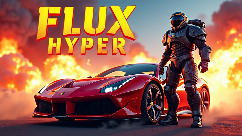 Title: Display the title "Flux Hyper" in large playful text at the top or center of the poster.Main Character: Depict a photo of a Space Marine standing next to a Ferrari, dynamic pose,Background: large explosions with a space marine battle scene, Ensure the background is vibrant and engaging.