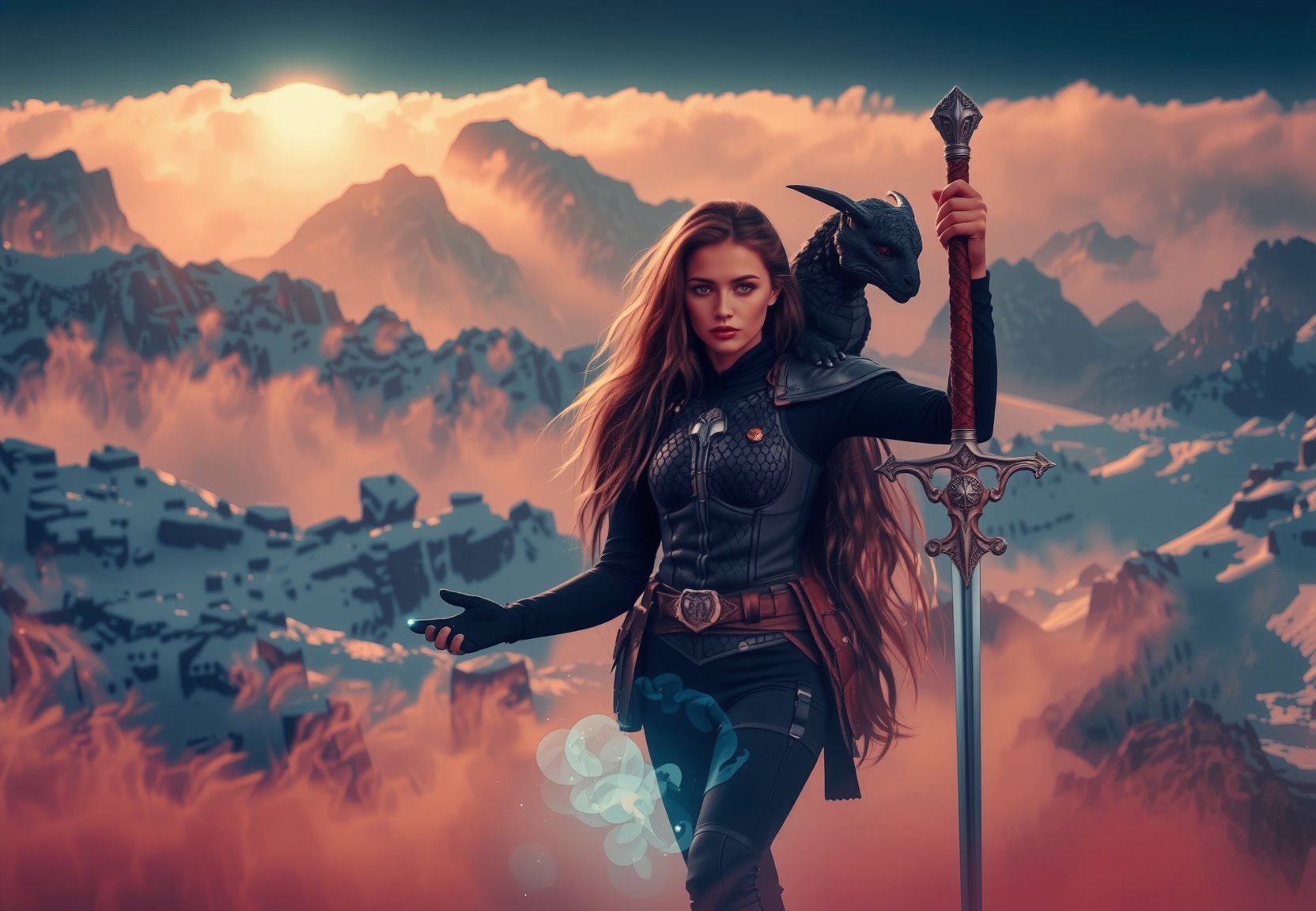 cinematic, 8k uhd, dslr,8K UHD cinematic masterpiece:high definition, extremely detailed, masterpiece, photo realistic, In a realm where magic weaves through the air like whispers, a 19-year-old girl named thomasinara stands atop the snowy mountain peak, With her enchanted staff, she conjures spells that shimmer with ethereal light. Perched on her shoulder is her loyal companion, a child dragon named Drogon, whose scales glisten like emeralds. Together, they navigate the mystical landscapes, their bond unbreakable.  In this fantastical world, she is both warrior and protector, a symbol of courage and magic intertwined.polishswordsmandark fantasy, romantic,dynamic fighting pose,,natural pose, dark fantasy style, raw, uhd, dslr, em 80mm, dslr, hdr, , cinematic shot, dark fantasy, style,raw photo, glowing neon fog, dslr, raw, 16k UHD,