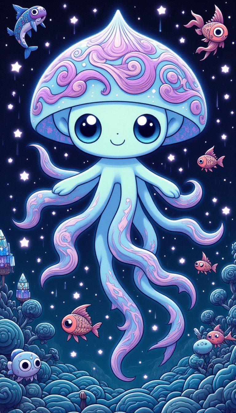 A Luminaris, a nocturnal, jellyfish-like Pokémon, has a translucent, gelatinous body that glows with a soft blue-green luminescence, while its umbrella-shaped head is adorned with iridescent, swirling patterns that shift between hues of purple and pink. Six feathery, crystalline tentacles dangle from its head, each tipped with a glittering, crystalline structure that refracts and reflects light. As a Psychic/Water-type, the Luminaris has the ability to create powerful illusions and manipulate water molecules to create intense whirlpools. It can also use its bioluminescent body to blind its opponents or communicate with its allies over long distances. The Luminaris is known to drift through the ocean, its ethereal glow attracting schools of sparkling fish that swim in synchrony with its movements.