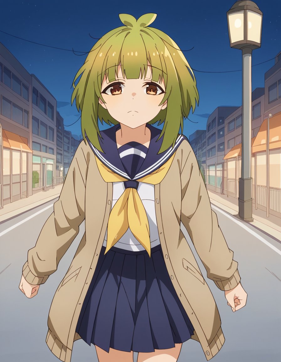 score_9, score_8_up, score_7_up, source_anime, <lora:meme-bashame-s1-ponyxl-lora-nochekaiser:1>, meme bashame, bangs, brown eyes, green hair, blunt bangs, medium hair, messy hair,, skirt, shirt, long sleeves, school uniform, white shirt, pleated skirt, open clothes, serafuku, sailor collar, blue skirt, neckerchief, cardigan, blue sailor collar, yellow neckerchief, open cardigan, brown cardigan, city street, evening, streetlights, walking dog, quiet neighborhood, gentle breeze, , , undefined, solo,, cowboy shot, dutch angle