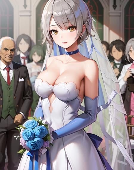 (extremely detailed CG unity 8k wallpaper),(masterpiece), (best quality), (ultra-detailed), (best illustration),(best shadow), (sharp eyeliner, eyeshadow, detailed eyes:1.1), (wedding, chapel, crowd, alter:1.1),BREAK(vectorwedding:1.2), lovely smile, holding bouquet  <lora:Vector:1>