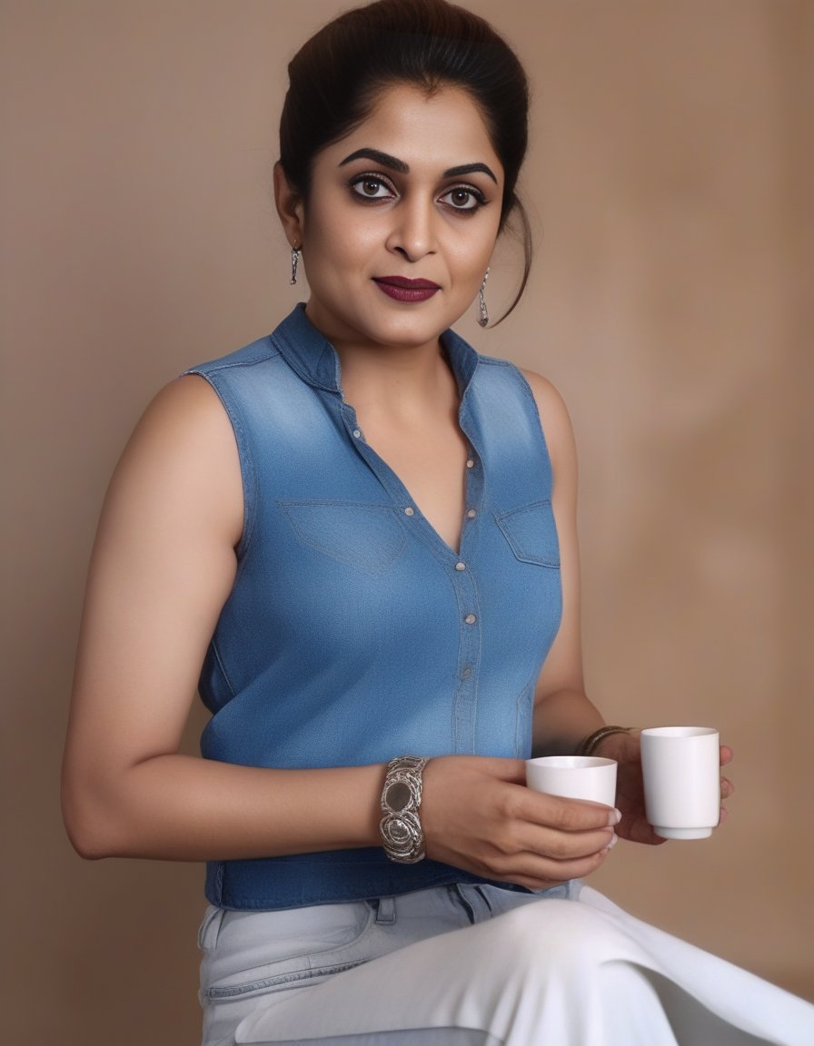 RamyaKrishnan,<lora:RamyaKrishnanSDXL:1> A photorealistic image of a woman in a stylish denim ensemble. She wears a sleeveless, form-fitting blue denim top, tucked into high-waisted jeans, cinched at the waist to emphasize her silhouette. The woman is holding a white coffee cup in her right hand, her left adorned with a wide brown leather bracelet, coiling multiple times around her wrist. She's also holding a delicately folded white cloth or napkin. Her hair is styled in a neat, low ponytail, and she sports a natural makeup look featuring defined brows and a subtle lip color. The background has a soft, textured gradient of blue and beige, complementing her attire and adding depth to the composition.