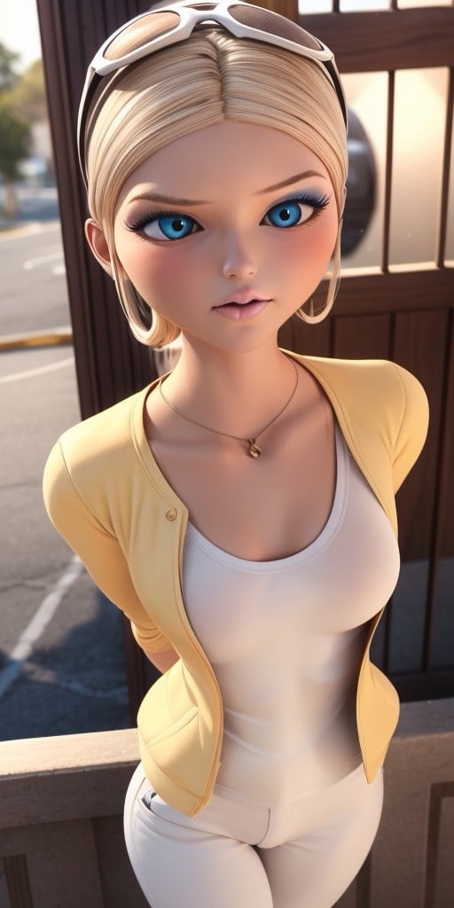 Hyperrealistic, photorealistic, super detailed, (unbuttoned yellow jacket), (white T-shirt), white jeans, expressive brilliant cobalt blue eyes, perfect face, pale pink lips, light honey blonde hair, hair parted in the middle while pulled back into a high ponytail held in place by a white hair tie, pale light grayish cerulean eye-shadow, light scarlet blush, pale, light pink lipgloss, body like in real life, large pores, fair skin, slender, beautiful arms, very little very flat breasts, unreal engine, octane render, droped shadow, bokeh, cinematic lighting, <lora:add_detail:0.5>, <lora:Volumetric_lighting:0.6>, Chloe Bourgeois, , <lora:a24b2644-9452-483e-9fb6-638ba1ae90ac:0.7>