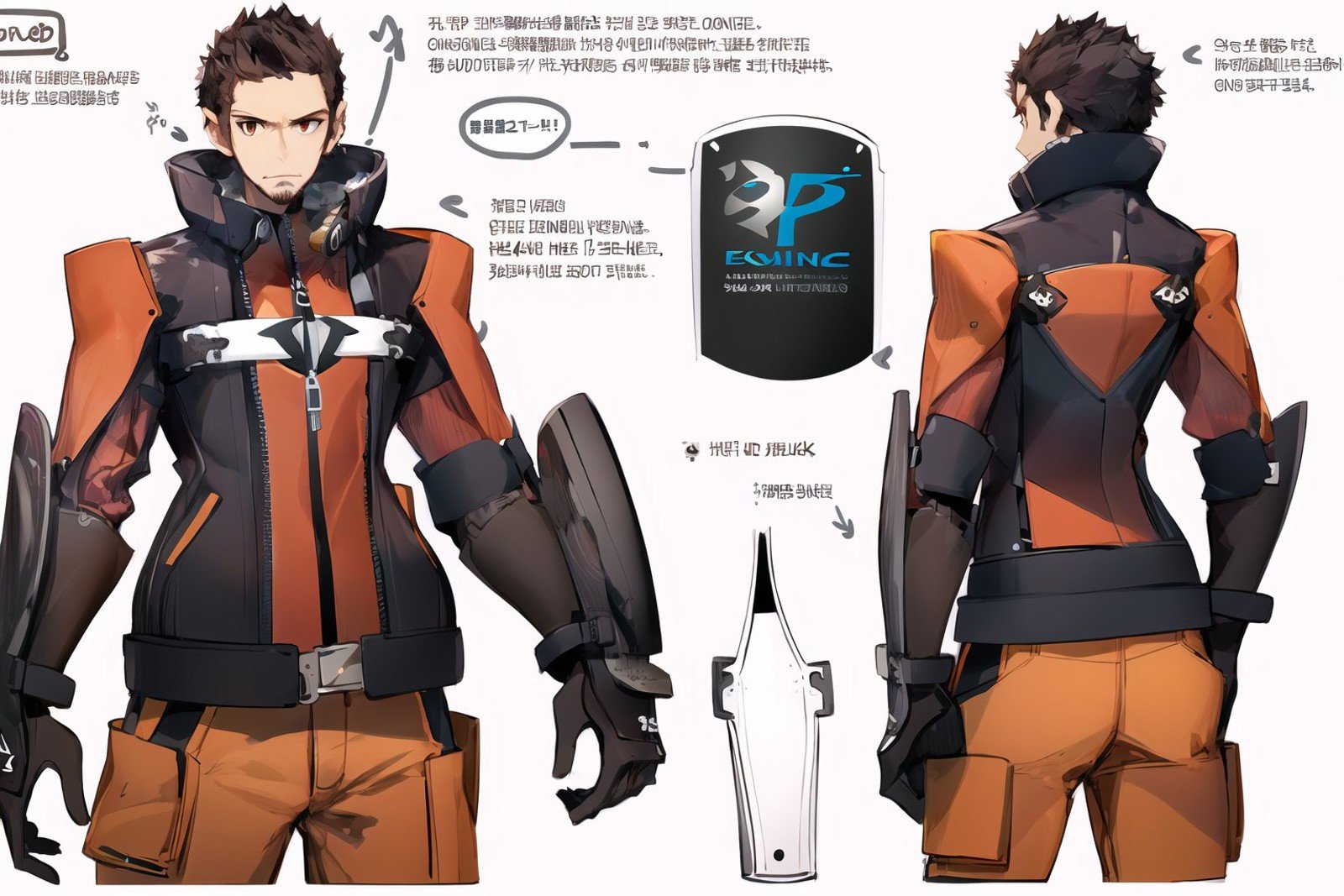 (masterpiece, best quality:1.2), <lora:style_panamaman-20:1>, (thick outlines:1.2), multiple views, reference sheet, solo, male focus, 1boy, facial hair, goatee, expressionless, sidelocks, orange eyes, jacket, high collar, cargo pants, gauntlets, belt, jewelry, piercings