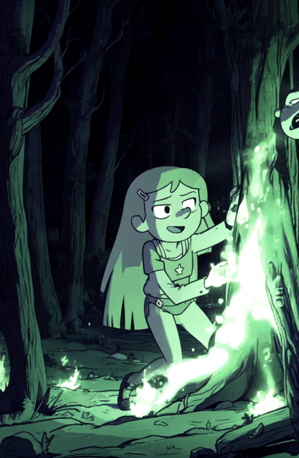 <lora:Kelly Marra (Hilda Netflix) SD1-5 V1:1> Kelly Marra, long hair, smile, hair ornament, monochrome, outdoors, hairclip, tree, parody, nature, forest, green flame, green bonefire, dark forest, night