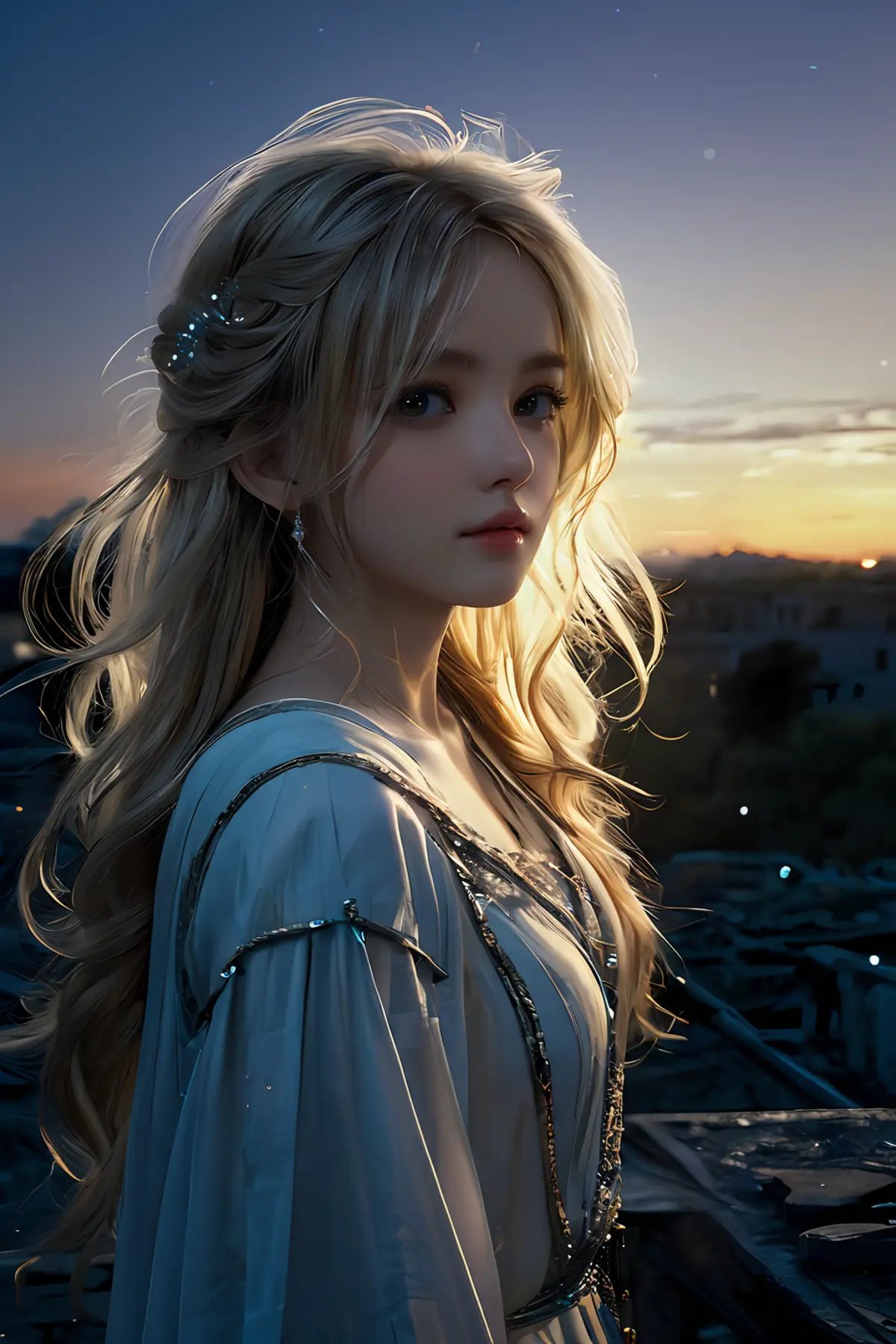 masterpiece,illustration,best quality,extremely detailed CG unity 8k wallpaper,original,high resolution,oversized documents,portrait,extremely delicate and beautiful girl,1girl,solo,messy hair,hair flowing in the wind,blonde hair,very long hair,beautiful detail eyes,jewel eyes,glowing circle pupils,golden eyes,good lighting,ray tracing,sparkling,abandoned building,on ruins,staring at sunset at dusk,depth of field,profile