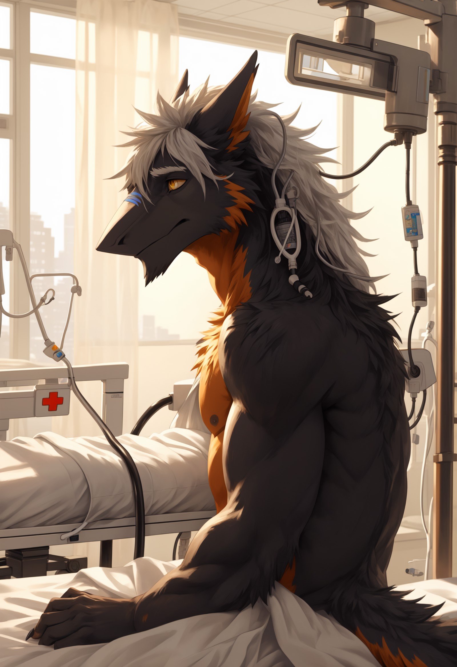 official art, masterpiece, super detailed, (clear focus: 0.6), Gentle gaze, depth of field, perfect lighting, best quality, luxurious,fluffy, anthropologist, male,sergal, (felice: 0.3), hybrid, wake up, (rubs eyes:1.6), (((sleepy))), ((tired)), ((white hairstyle, white beard)) topless, blanket,sitting, on the bed,detailed background, bed linen, beam of light, window, ((hospital room:1.5)), high quality, realism, 8k, clarity of details (black protein, yellow eyes, black pupils) (black body, orange belly, black face)