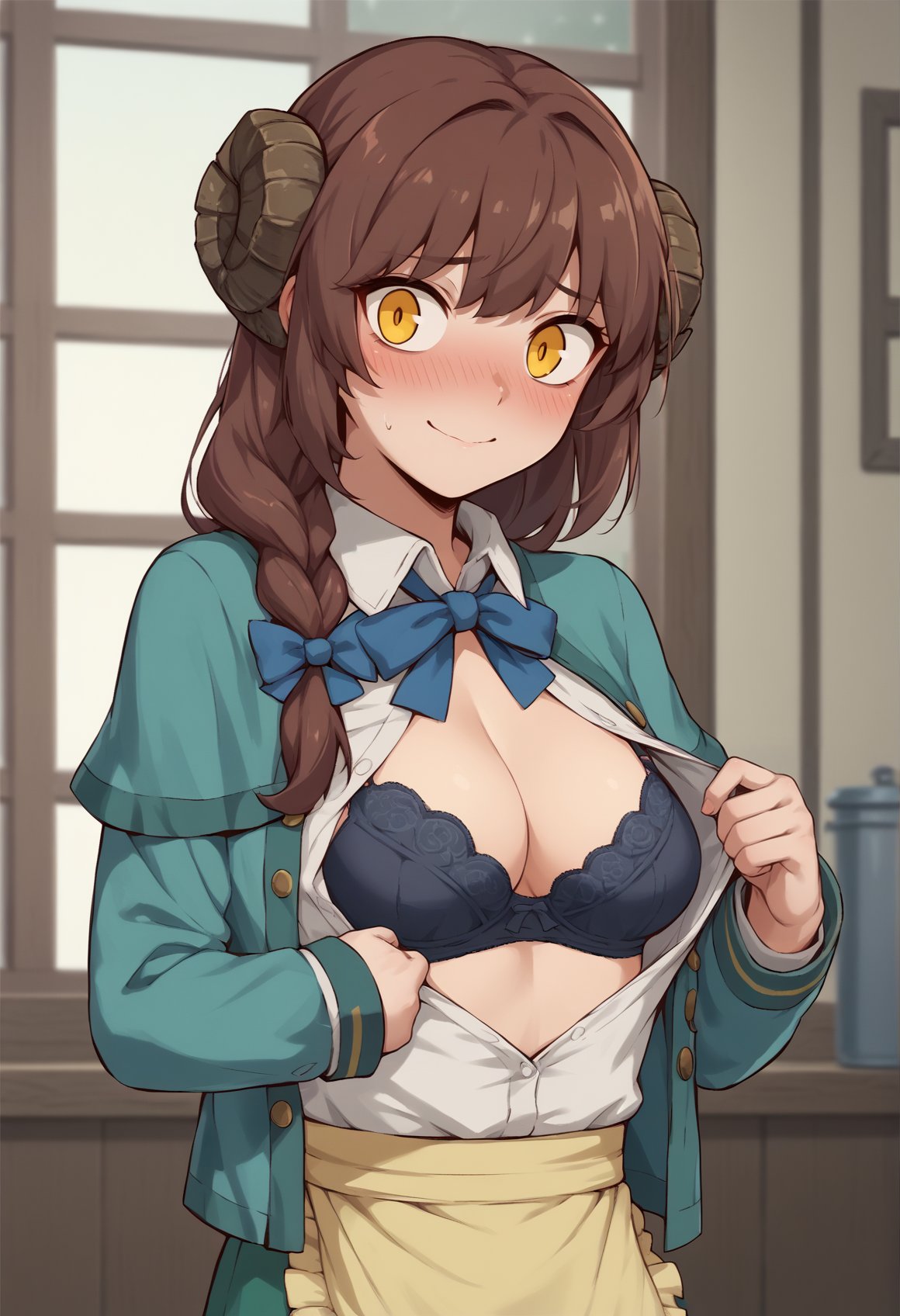 1girl, solo, brown hair, yellow eyes, long hair, braid, horns, white shirt, ribbon, capelet, green jacket, green skirt, apron, split puplis, nervous smile, closed mouth, looking at viewer, undressing, breasts, bra, open clothes, blushing, indoors <lora:Mary_Anning:1>, score_9, score_8_up, score_7_up, score_6_up, score_5_up, score_4_up, BREAK source_anime, masterpiece