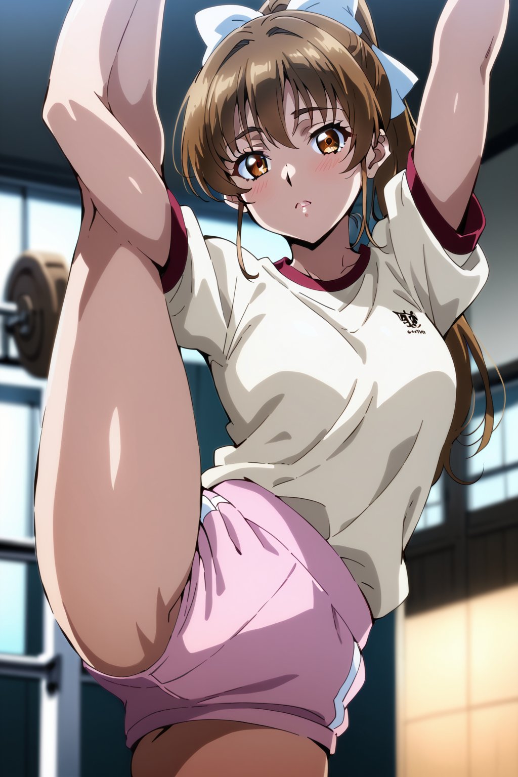 score_9, score_8_up, score_7_up, score_6_up, score_5_up, score_4_up, source_anime, cowboy shot, sunohara shizuka, 1girl, solo, ponytail, gym uniform, gym, standing split, looking at viewer,masterpiece, best quality, cute girl, beautiful girl, perfect body, perfect face, uncensored, hair bow, <lora:sunohara shizuka mala:1>