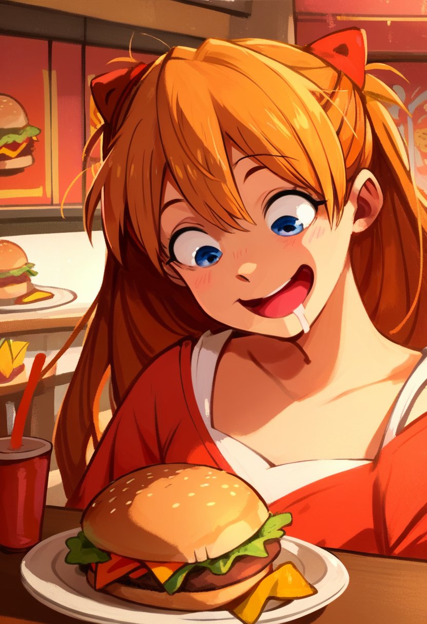 score_9, score_8_up, score_7_up, score_6_up, 1girl, souryuu asuka langley, shirt, looking down, drooling, open mouth, upper body, indoors, restaurant, fast food, table, food, plate, huge hamburger steak, smile, happy, burger,