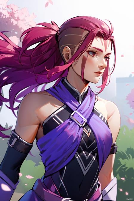 <lora:Dota2AntimageWei:0.8>Antimage_Wei, 1girl, single_thighhigh,  forest, cherry_blossoms, falling_petals, long_hair, petals,  solo, dawn, close up