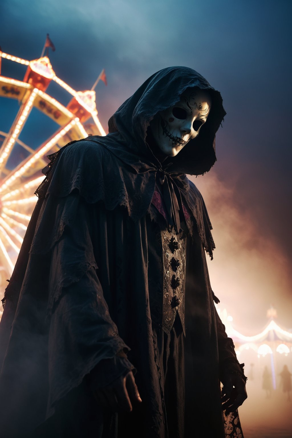 photorealistic, (solo:1.3), detailed digital illustration of a Silhouetted figure with tattered, billowing cloak , Haunted, fog-shrouded carnival rides at night in the background <lora:xl_more_art-full_v1:0.4>, , (accurate cinematic lighting), photorealistic detail, (selective focus:0.6)