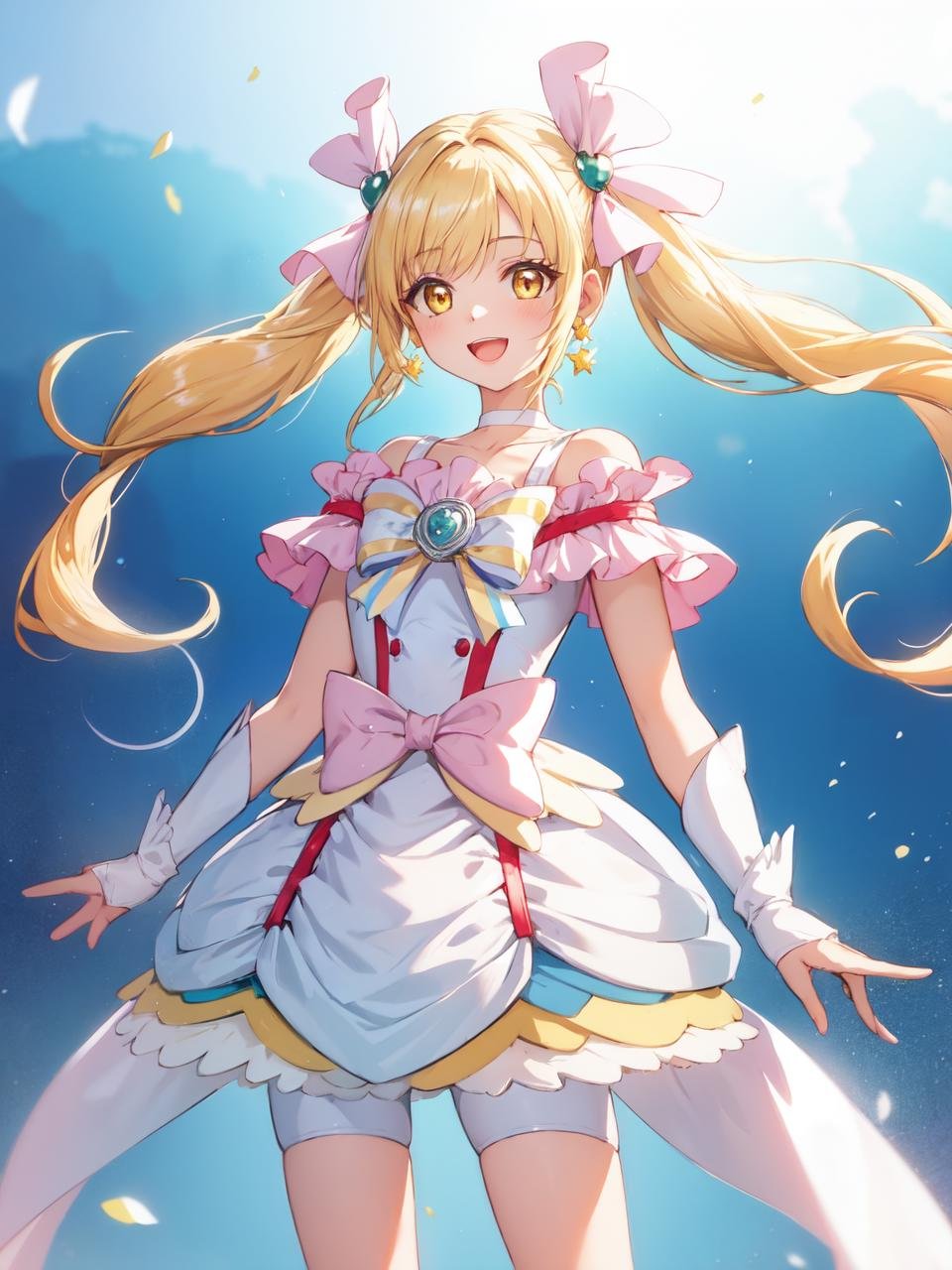 masterpiece, best quality, looking at viewer, depth of field, standing, open mouth,1girl, <lora:locon_cure_echo_01:0.95>, cure echo, blonde hair, twintails, hair ribbon, knee boots, earrings, arm warmers, brooch, choker, yellow eyes, shorts under skirt, white shorts, smile, ((gradient background)), lens flare,